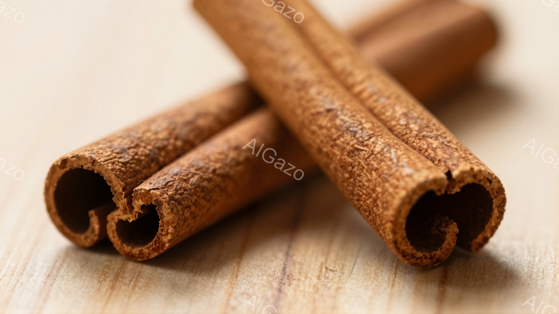 シナモンスティックが3本、木目調の表面に並んでいます。それぞれのスティックは曲線を描き、内部は空洞になっています。全体的に暖色系の色合いで、自然な素材感とスパイスの香りを想起させる穏やかな雰囲気です。