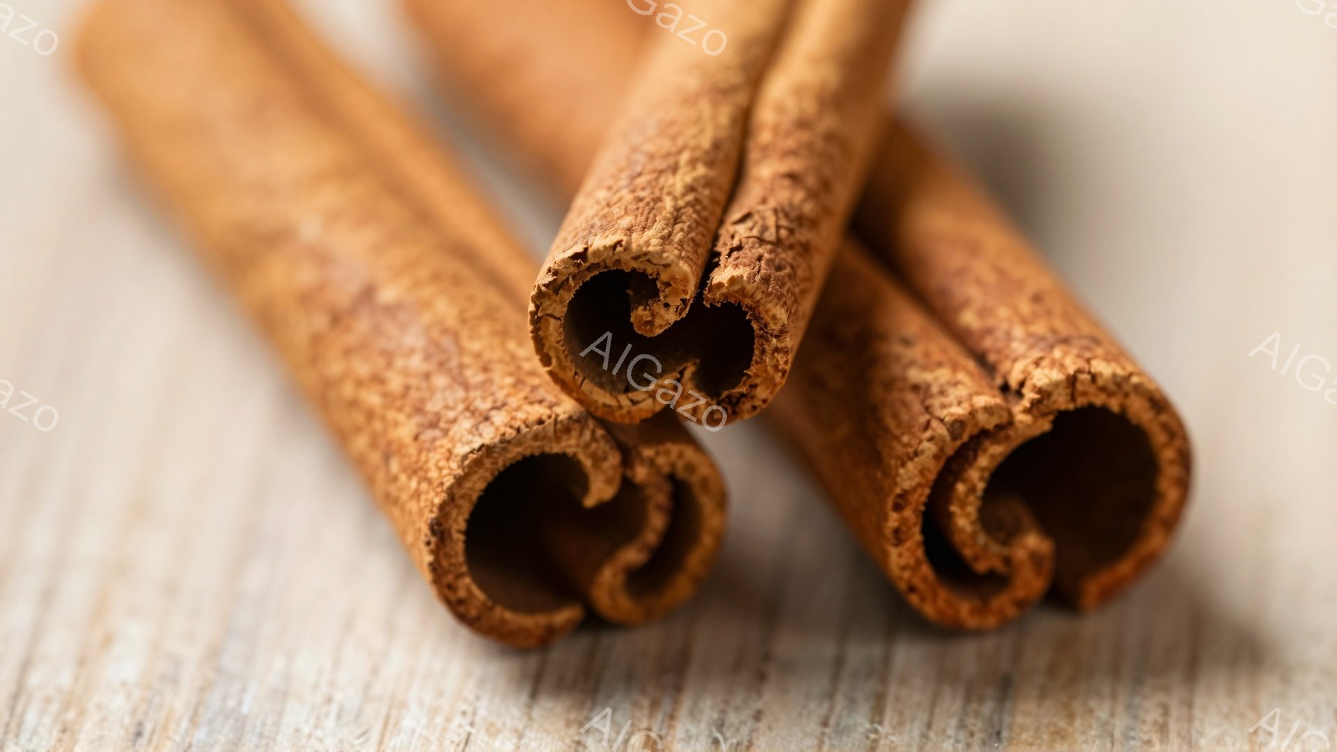 画像にはシナモンスティックが3本、木製の背景の上に並べられています。スティックは茶色く、渦巻き状の表面が特徴的で、香辛料の風味を想像させます。背景の木製表面はわずかに質感があり、全体的に温かみのある素 - AI生成フリー素材