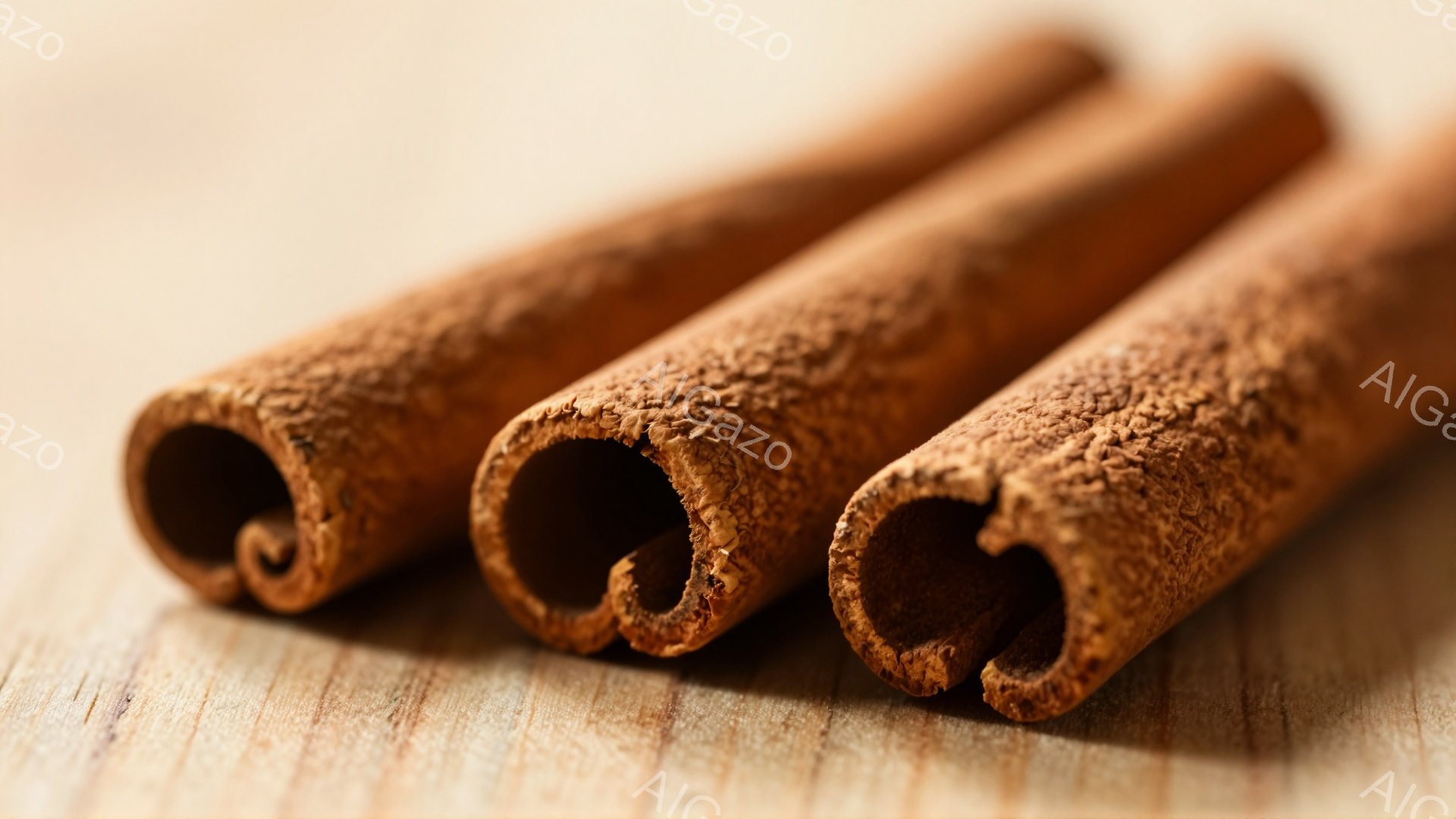 複数のシナモンスティックが、木製の背景に対して並んで配置されています。スティックは茶色でカールしており、質感のある表面が特徴的です。全体的に暖かく、自然な雰囲気で、スパイスや料理の素材としての印象を受けます。