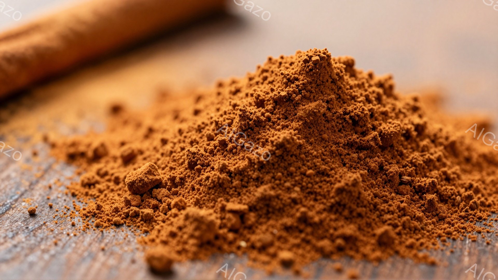 画像は、木製のテーブルの上に散らばったシナモンの粉を捉えています。粉末は鮮やかな赤褐色で、粗く砕けたような質感があり、隣にはシナモンスティックが置かれています。 全体的に暖かく、スパイシーな雰囲気を醸 - AI生成フリー素材