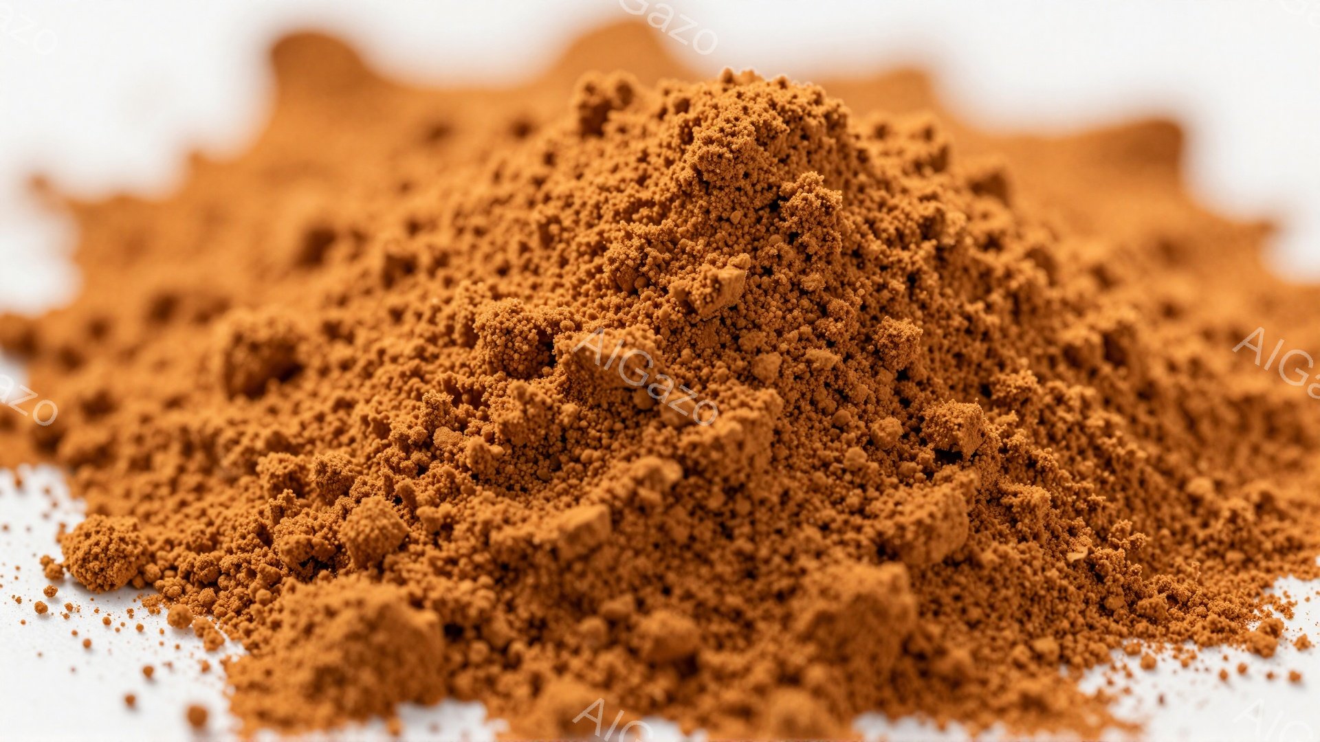 鮮やかな赤茶色の粉末が白い背景に山積みになっている。粒子は非常に細かく、光沢はなく、全体的にざらざらとした質感に見える。シンプルな構成で、粉末の色彩とテクスチャが際立っている。