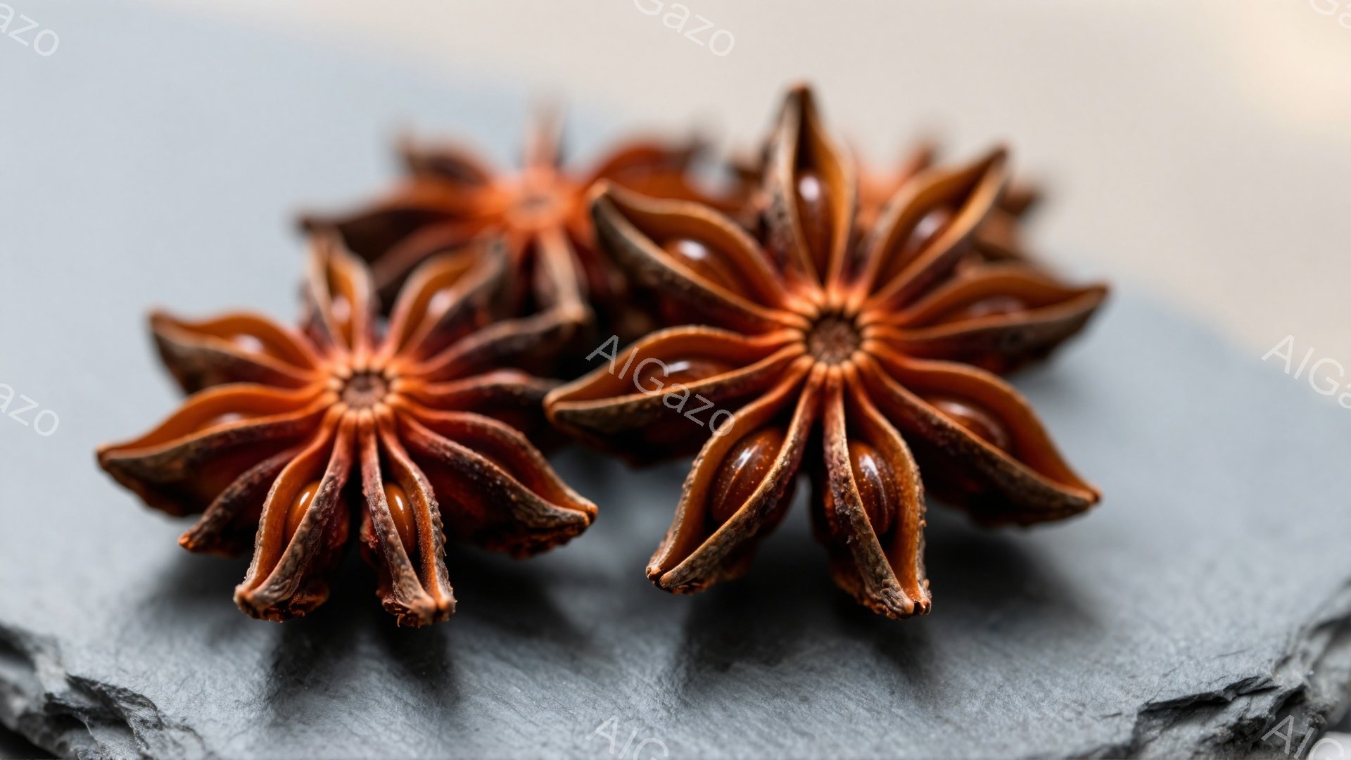 画像には、深みのある茶色のスターアニスが、ざらざらとした黒い石板の上に置かれています。スターアニスの花びらのような部分は放射状に広がり、独特の質感と美しい陰影を作り出しています。背景はシンプルで、スターアニスの自然な色と形が際立っています。