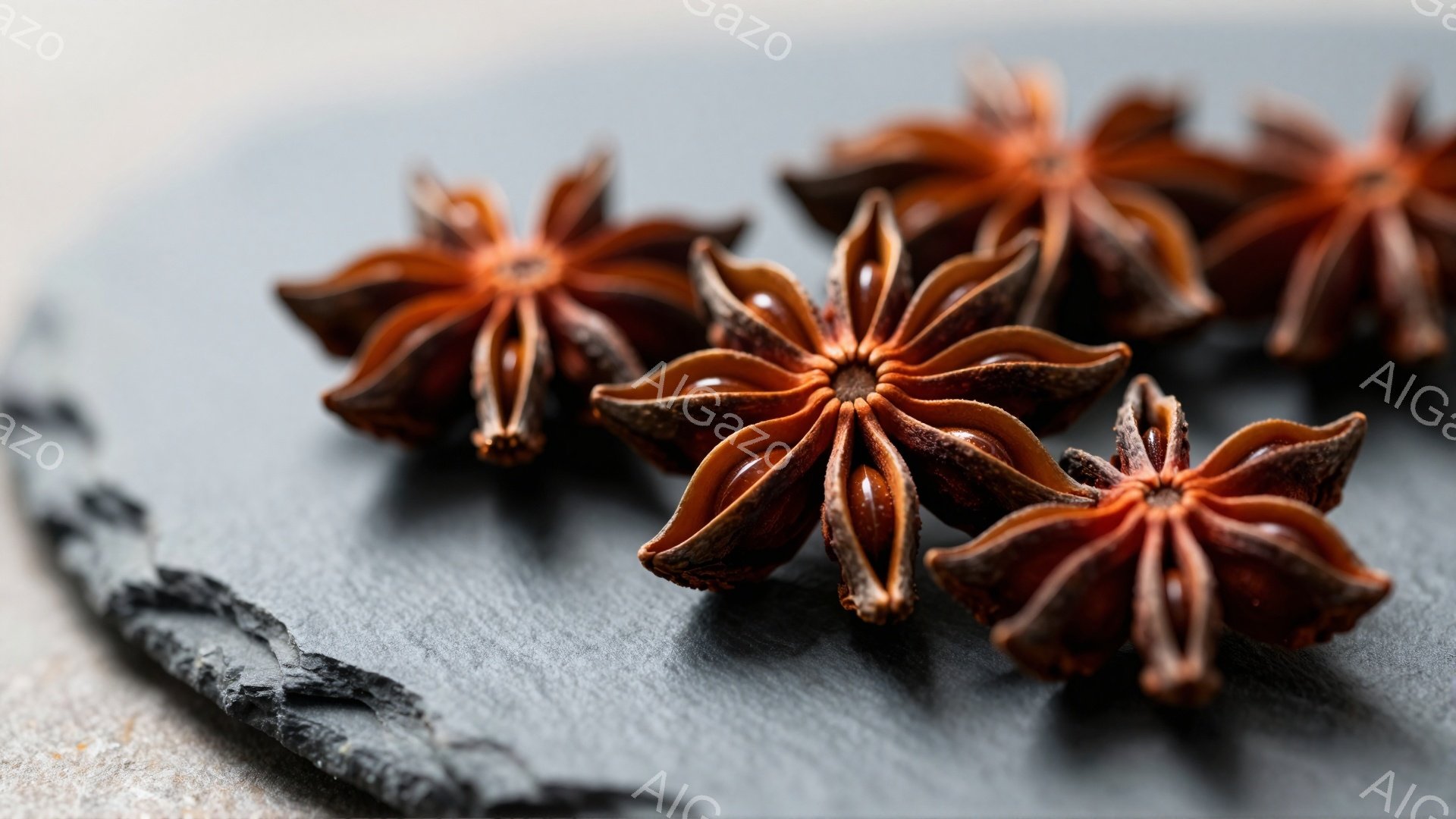 画像には、黒いスレートのような表面に配置された数個の八角（スターアニス）が写っています。深みのある茶色で、独特の星形をしており、複雑な香りを連想させます。背景はぼやけており、八角が際立つように焦点が当てられています。