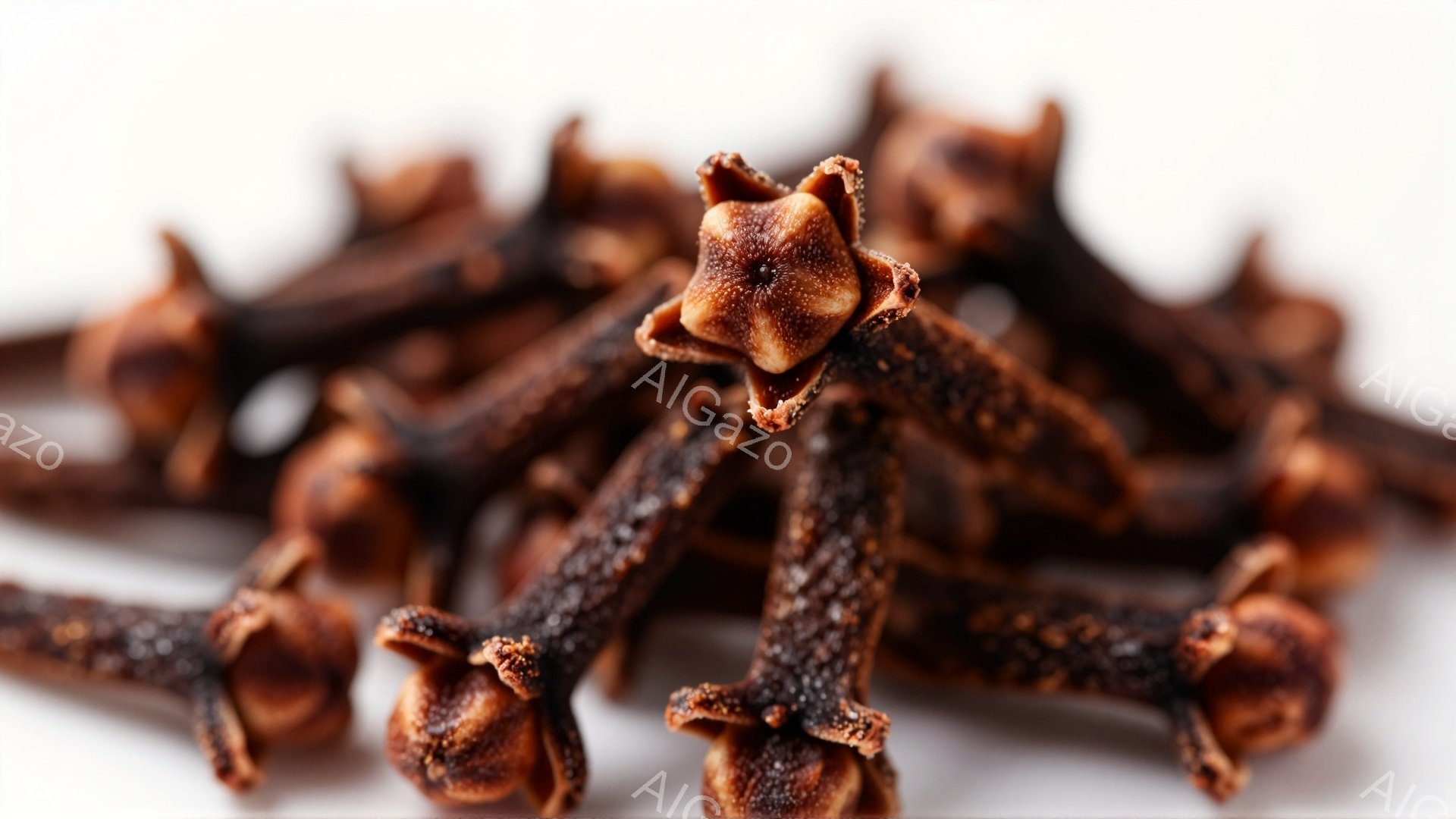 白い背景の上に、多くのクローブが積み重なっている様子が写っている。クローブは茶色っぽく、独特の形状をしており、先端が花のように分かれている。全体的に暖かく、スパイスの香りが漂ってきそうな雰囲気である。 - AI生成フリー素材