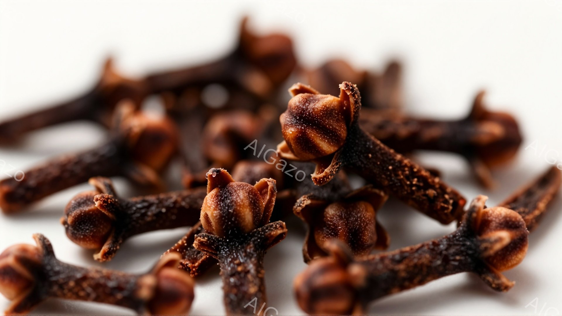 この画像は、クローブと呼ばれる香辛料が白地に散りばめられたクローズアップ写真です。各クローブは、茶色から濃い茶色の小さな釘のような形をしており、先端が丸く花びらのような形をしています。背景は均一な白で、クローブのテクスチャと色合いが際立っています。