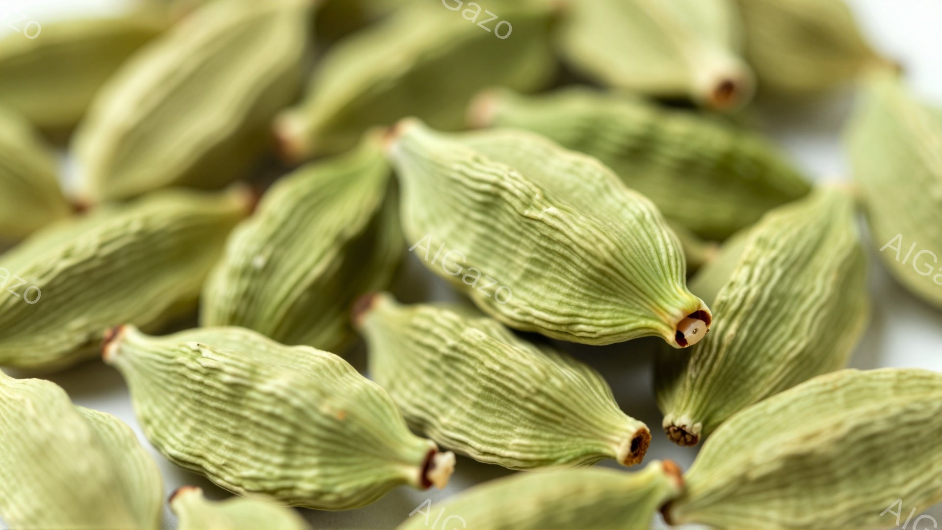 画像は、緑色のカルダモンの種子をクローズアップしたものです。種子はわずかにしわが寄っていて、独特の溝が特徴的です。背景は淡いグレーで、種子の鮮やかな緑色が際立っています。