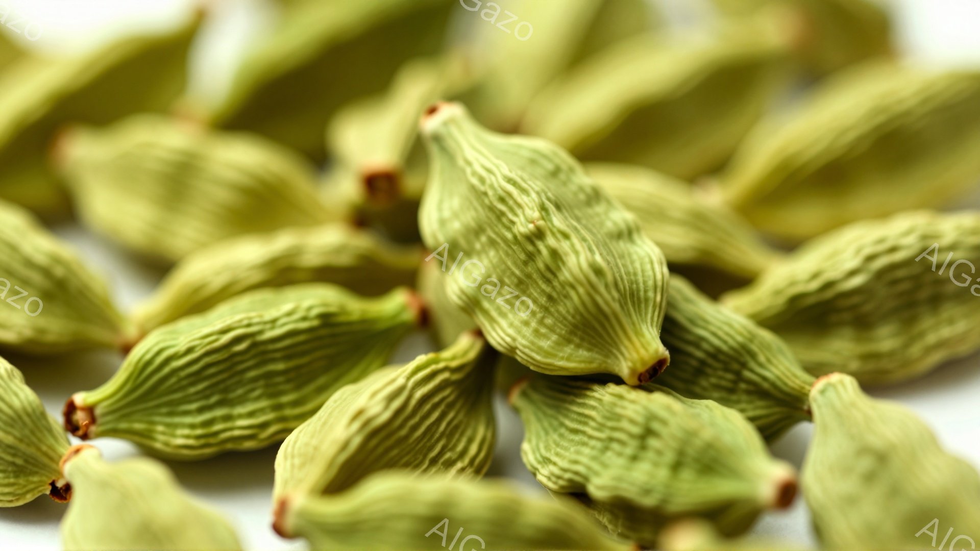 画像は、緑色のカルダモンポッドが密集して写っています。 それぞれのポッドは、わずかにしわが寄っていて、先端がわずかに赤みを帯びています。 全体的に、明るい背景とのコントラストで、新鮮で自然な雰囲気を感じさせます。