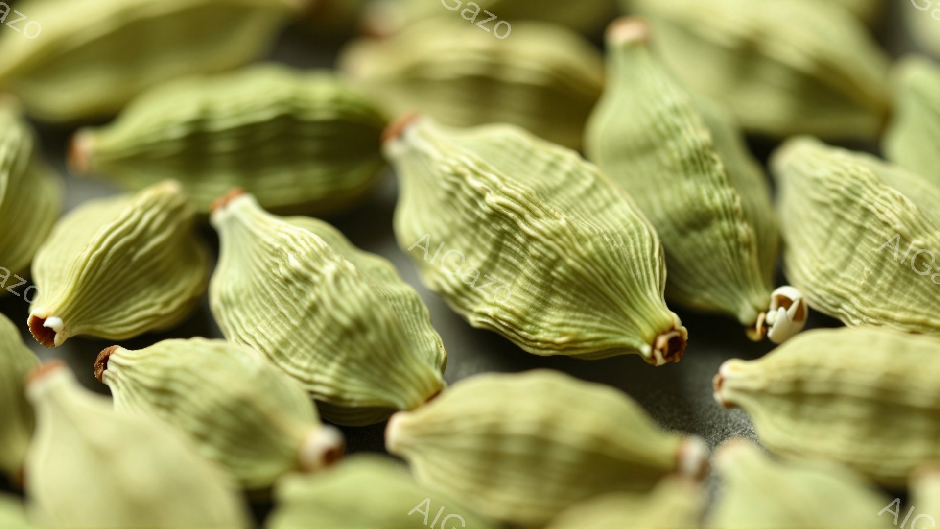 画像には、多くのカルダモンポッドが密に詰まっており、緑色と黄色の微妙なグラデーションが見られます。表面には細かい筋が走り、独特の形状が強調されています。背景は暗いグレーで、カルダモンの色が際立っており、スパイスの自然な美しさと食感を捉えたクローズアップ写真です。