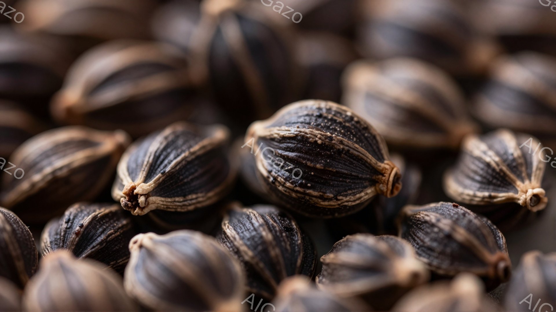 画像には、黒色の種が密集して写っています。種は細長い形状で、表面に独特の溝が刻まれており、まるでミニチュアの鳥の卵のような外観です。背景は暗く、種の色と質感を引き立てています。 - AI生成フリー素材