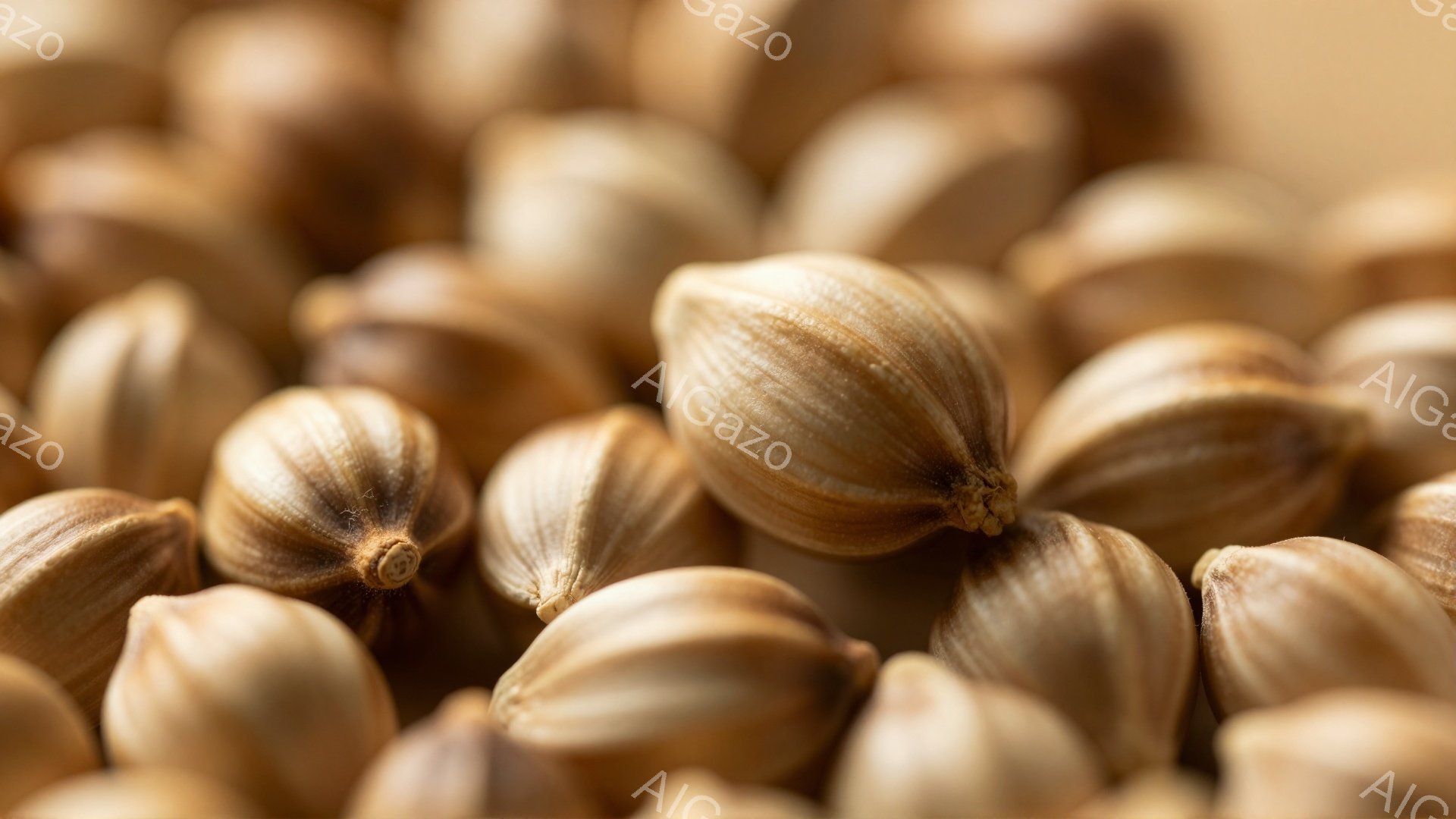 画像はコリアンダーの種子のクローズアップです。淡い茶色とベージュの色調が重なり合い、丸みを帯びた種子の質感と独特の形状が強調されています。背景はぼかされており、種子そのものが焦点となって、穏やかで自然な雰囲気を醸し出しています。