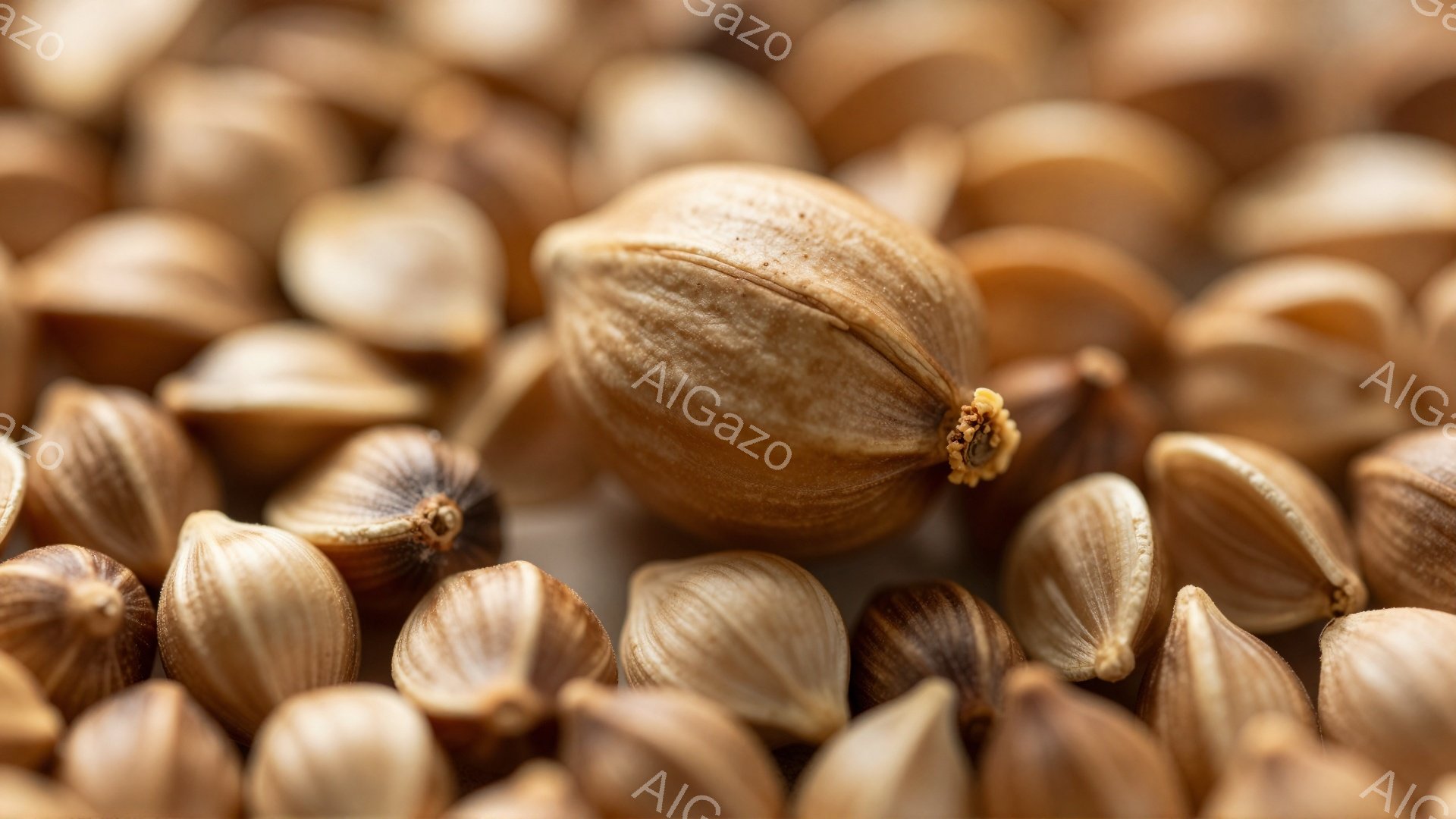 乾いた麦のような茶色の種子が、画面全体に密集して広がっている。種子は楕円形で、表面には細かな縦縞模様があり、先端には小さな茶色の突起が見える。全体的に暖色系のトーンで、乾燥した自然の雰囲気を醸し出している。