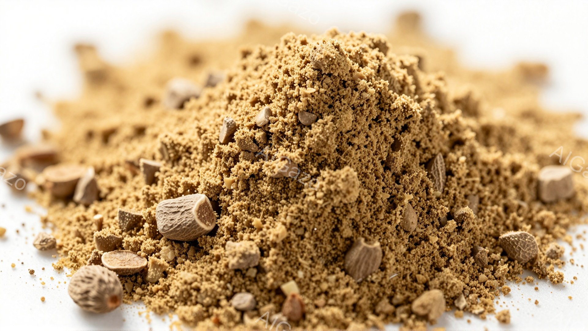 白い背景の上に、細かく砕かれた茶色の素材の山が写っている。その中に、ナツメグやそれに似た香辛料の破片が散りばめられている。全体的に、料理や製菓に使われるスパイスのクローズアップ写真のようである。 - AI生成フリー素材