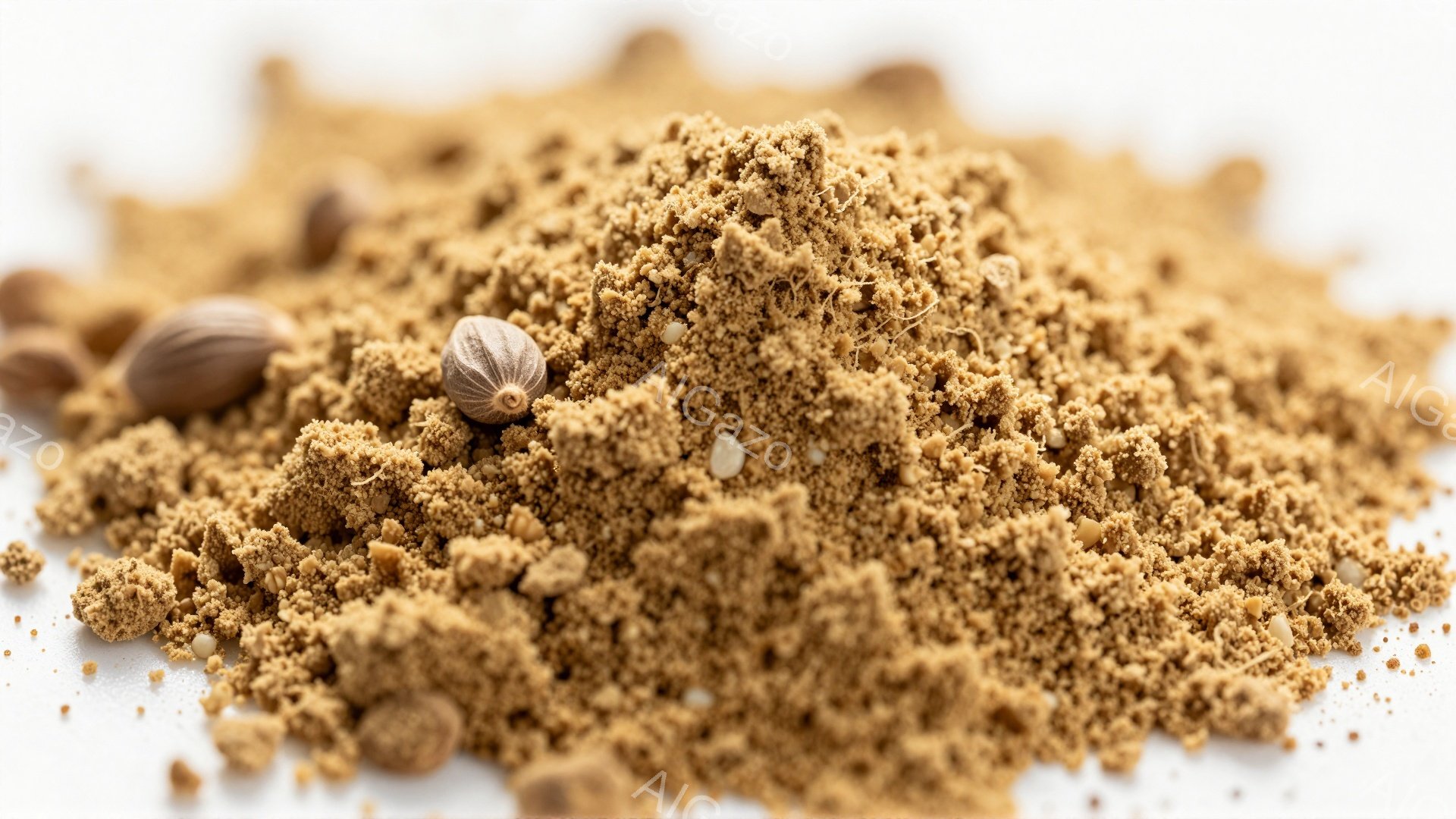 画像は、茶色い粉状の物質が白い背景に散らばっているクローズアップ写真です。小さな丸い種のようなものが粉の中に点在し、食感やスパイスを連想させます。全体的に暖色系の色調で、自然や料理に関連する雰囲気です - AI生成フリー素材