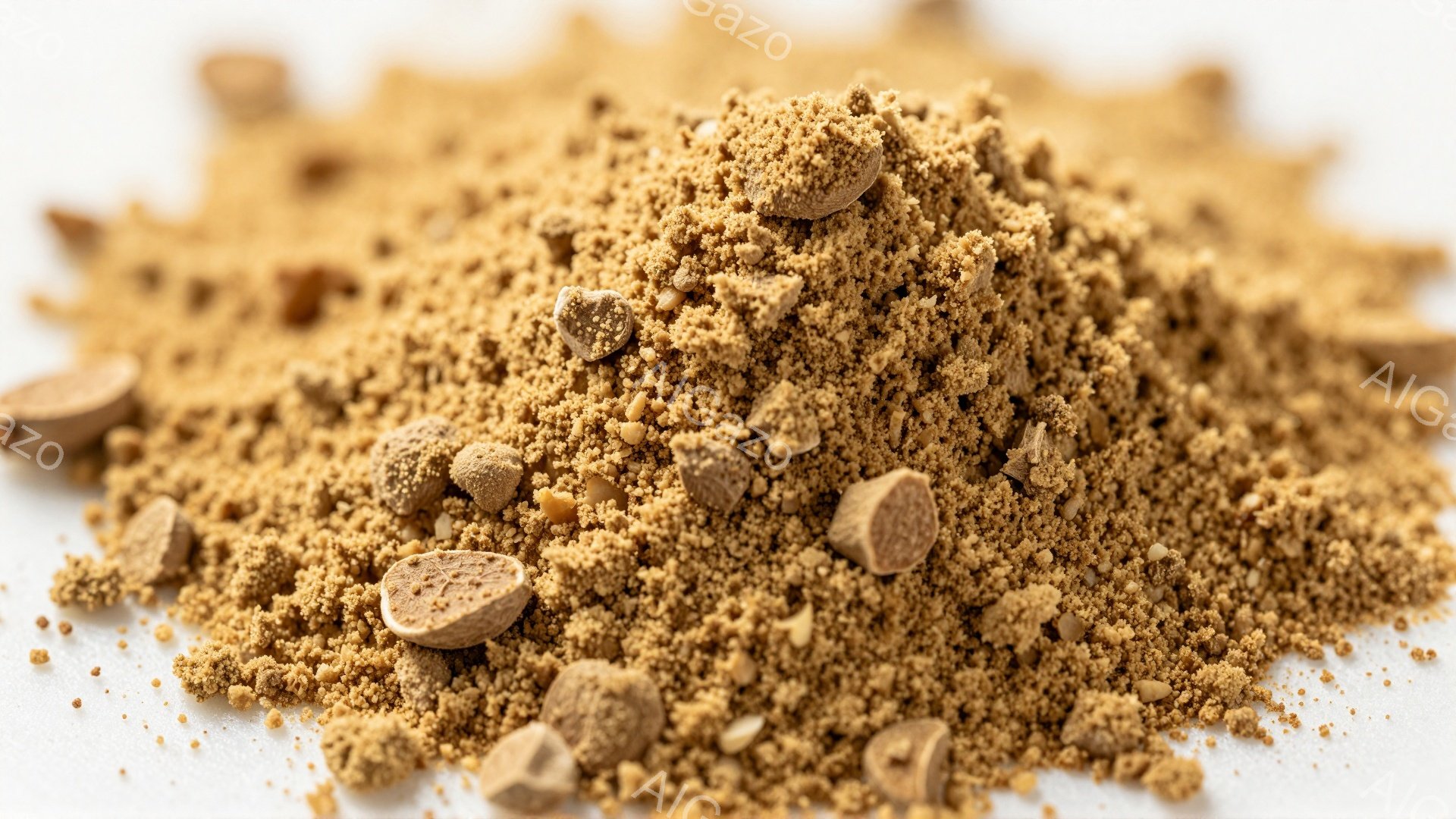 画像は、細かい砂状の茶色い粉の上に、いくつかの小さくて丸い茶色の塊が散らばっている様子を捉えています。粉は均一ではなく、塊は不規則な形で、全体的に乾燥した質感を示しています。背景は白く、粉と塊が際立っ - AI生成フリー素材