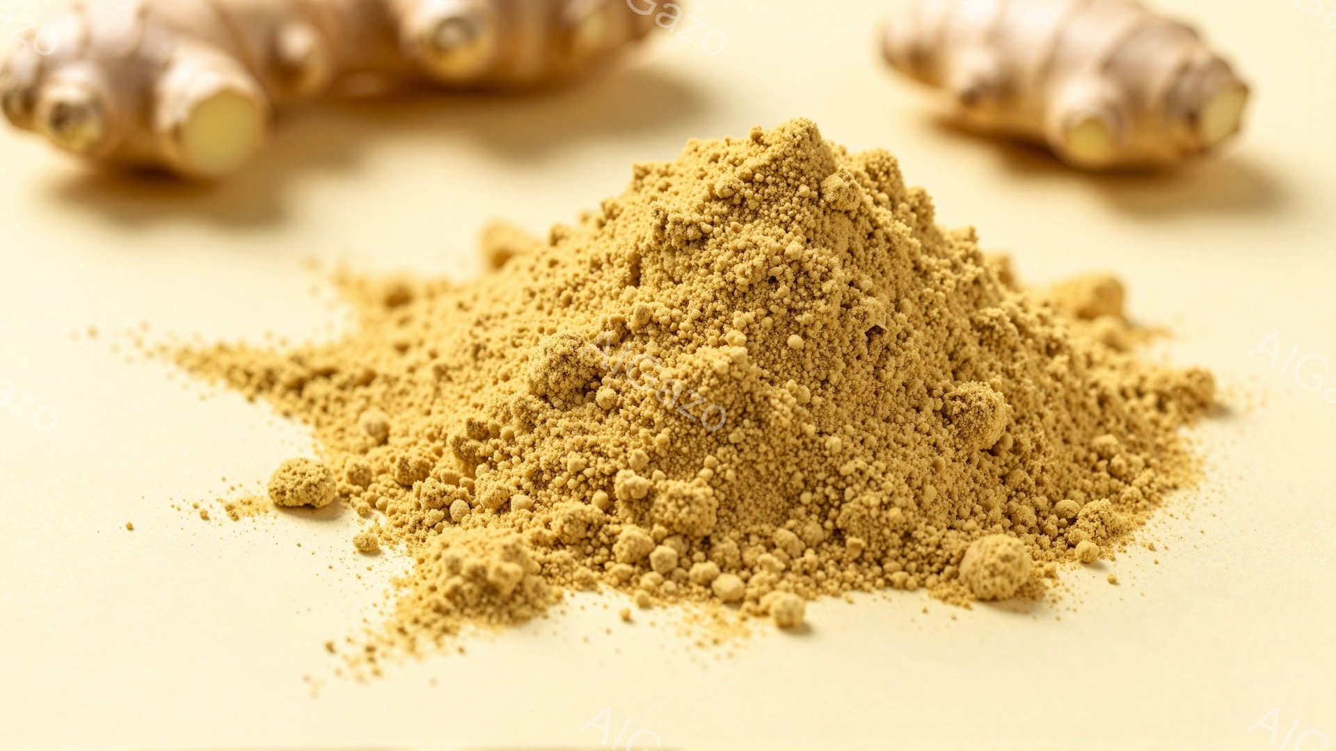 画面には、明るいベージュ色の背景の上に、粉末状のスパイス、おそらくターメリックが山のように積まれています。その横には、カットされたショウガの根が2つ置かれており、スパイスの原料を示唆しています。全体的 - AI生成フリー素材