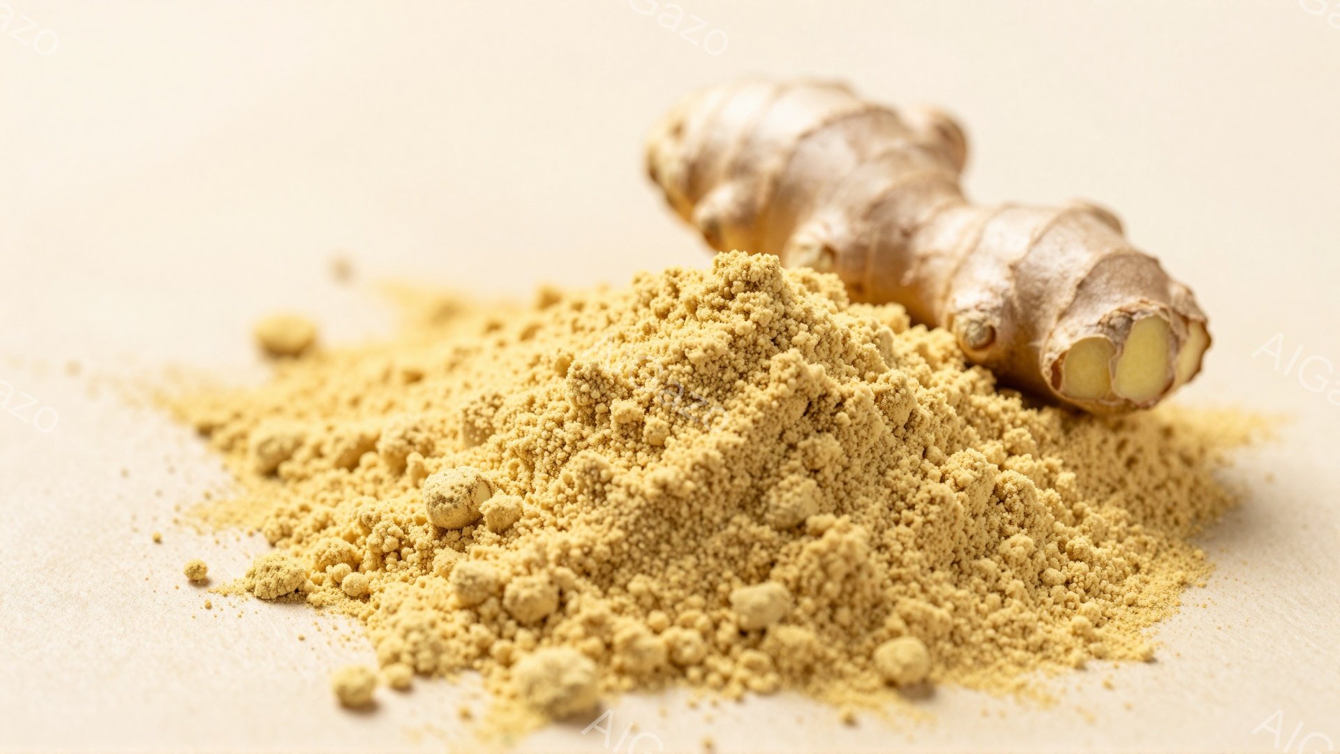 粗く挽かれた鮮やかな黄色のターメリックパウダーが、明るい木製の表面に山積みに広がっています。その横には、生姜のような形をしたターメリックの根が置かれ、パウダーと根が素材のつながりを視覚的に強調していま - AI生成フリー素材