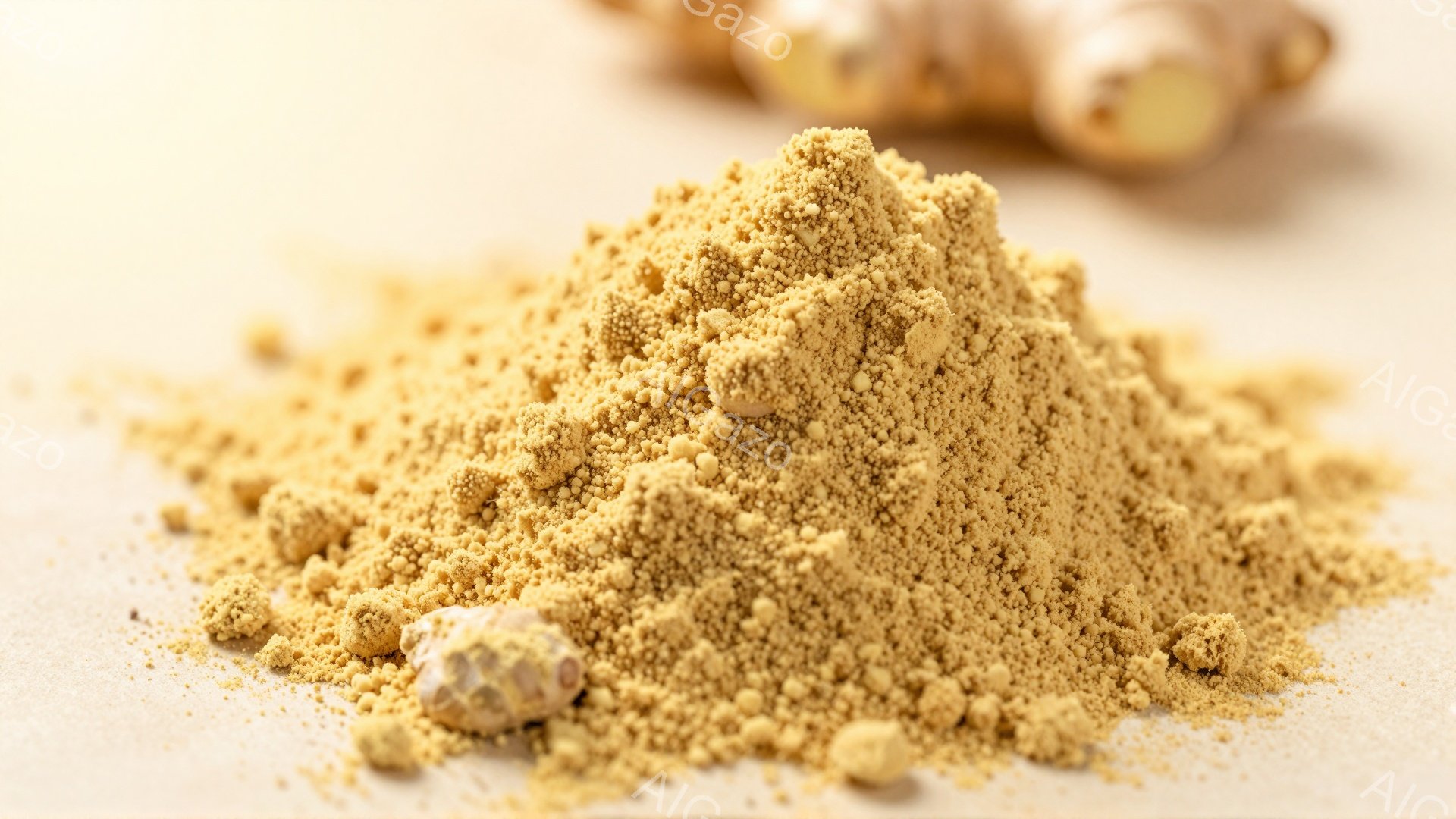 画像は、明るいベージュ色の背景の上に、鮮やかな黄色の粉末状のスパイスが山積みに積み重なっている様子を捉えています。粉末の近くには、わずかにひび割れた生姜の塊が置かれています。全体的に、暖色系の色調が、 - AI生成フリー素材