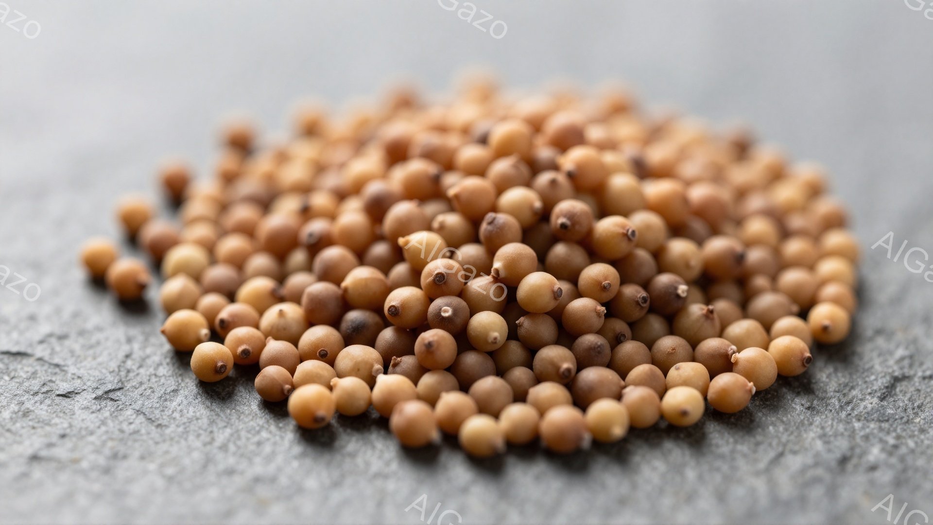 画像には、岩のような質感のグレーの背景の上に、小さな茶色の種が密集して積み重なった様子が写っています。種は丸みを帯びており、表面にわずかな凹凸が見られます。全体的に暖かく、自然な雰囲気であり、食材や調 - AI生成フリー素材