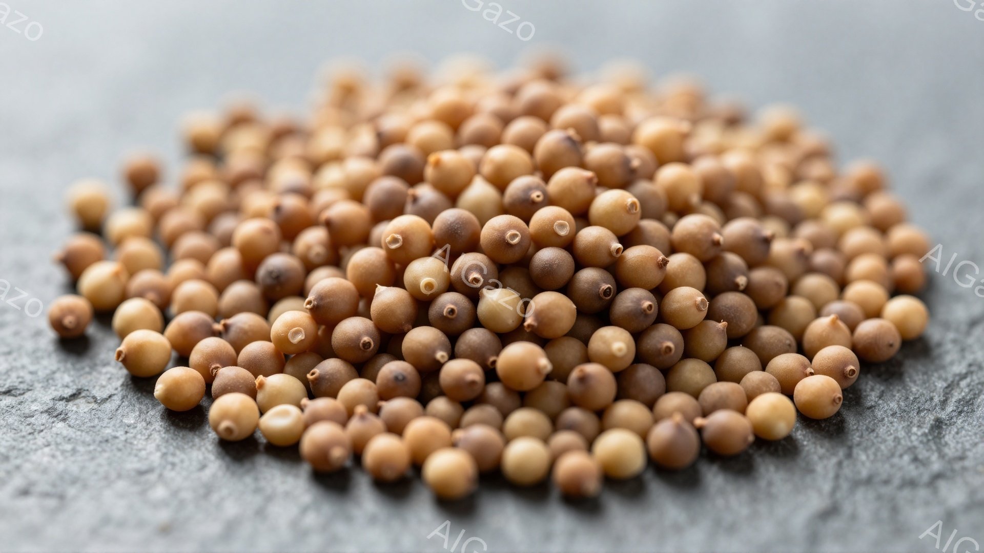 画像には、灰色がかった石の表面に散らばった、小さな茶色い球状の種子が写っています。それらは均一な大きさで、やや光沢があり、全体として穏やかな雰囲気を醸し出しています。背景はぼやけており、種子そのものに焦点が当てられています。