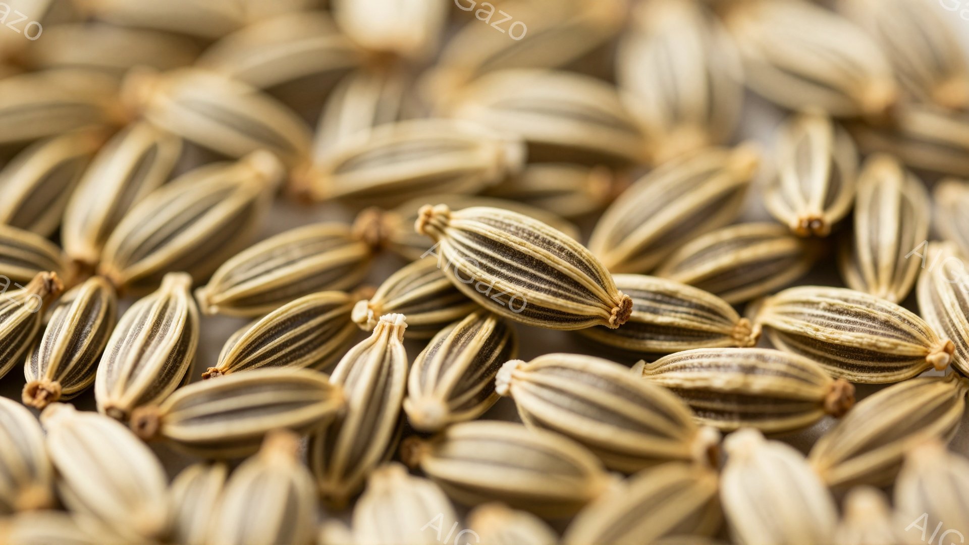 画像は、細長い、わずかに湾曲した、茶色と白の縞模様の種子のクローズアップです。種子は表面にわずかな凹凸があり、光沢があります。背景はぼやけており、種子のテクスチャと縞模様が強調されています。