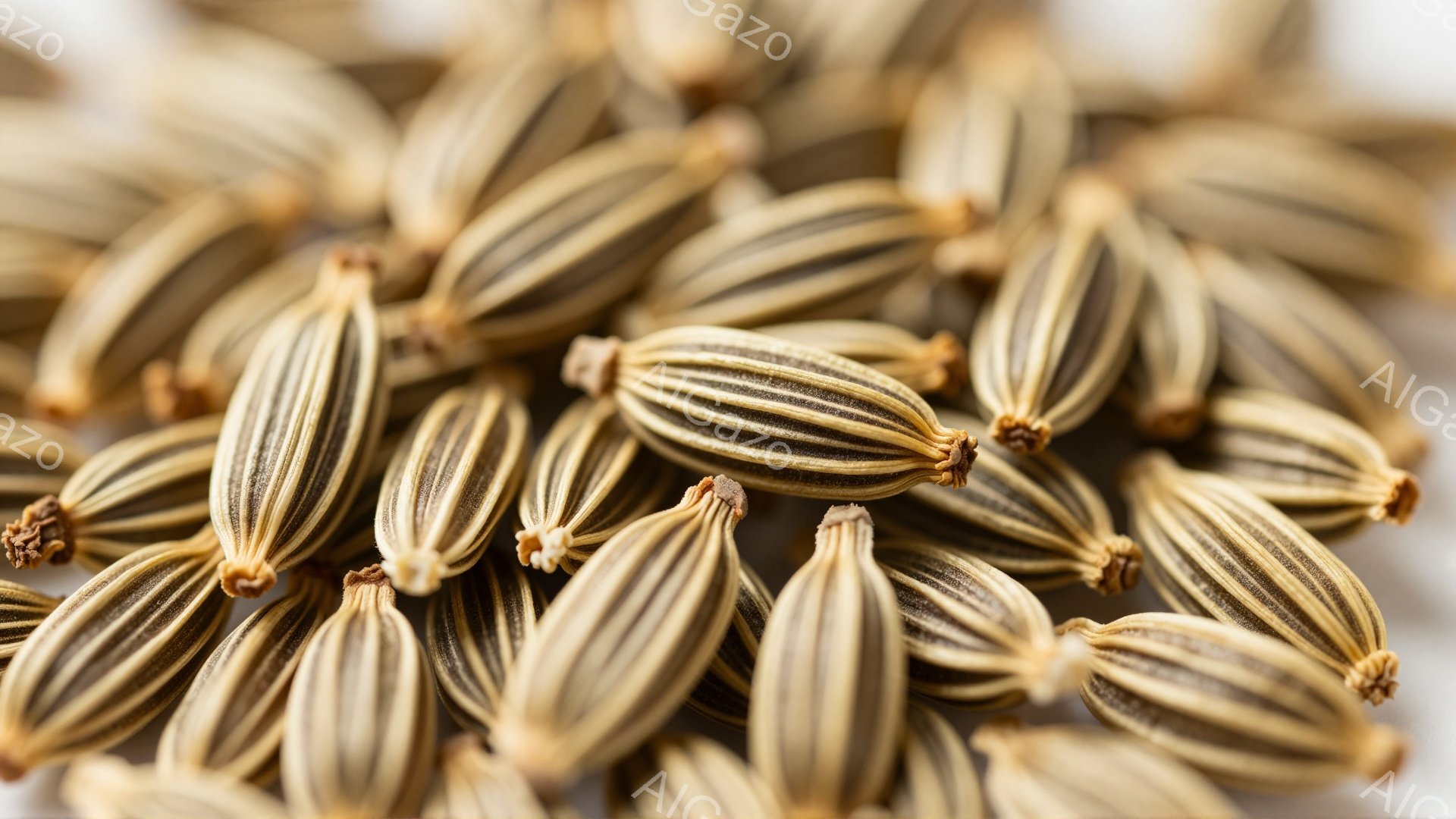 画像はフェンネルの種子のクローズアップです。種子は細長い楕円形で、淡い茶色と濃い茶色の縞模様が特徴的です。背景はぼやけており、種子の質感と色が際立っています。 - AI生成フリー素材