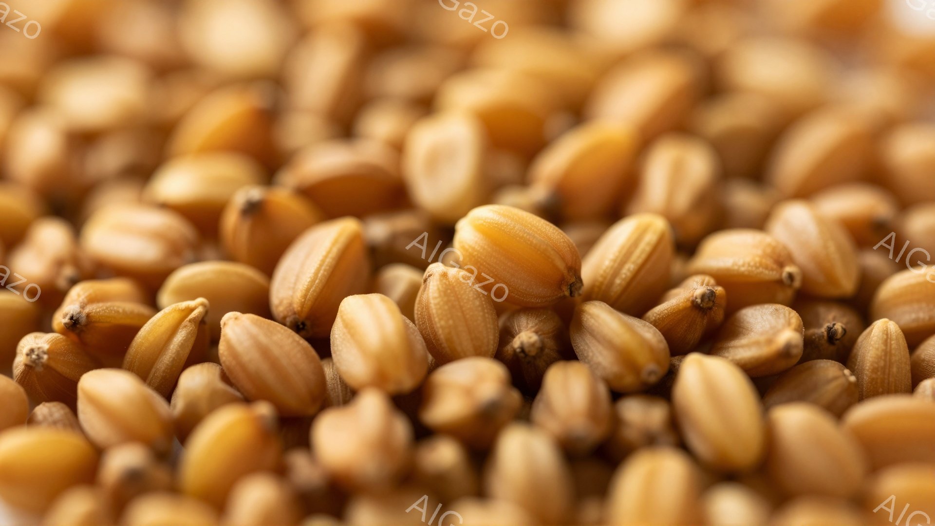 画像は、密集した麦粒のクローズアップです。各粒は淡い茶色で、わずかに光沢があり、先端に小さな暗い点が見られます。全体的に暖色系の色合いで、豊穣な収穫や自然の恵みを連想させる、落ち着いた雰囲気です。