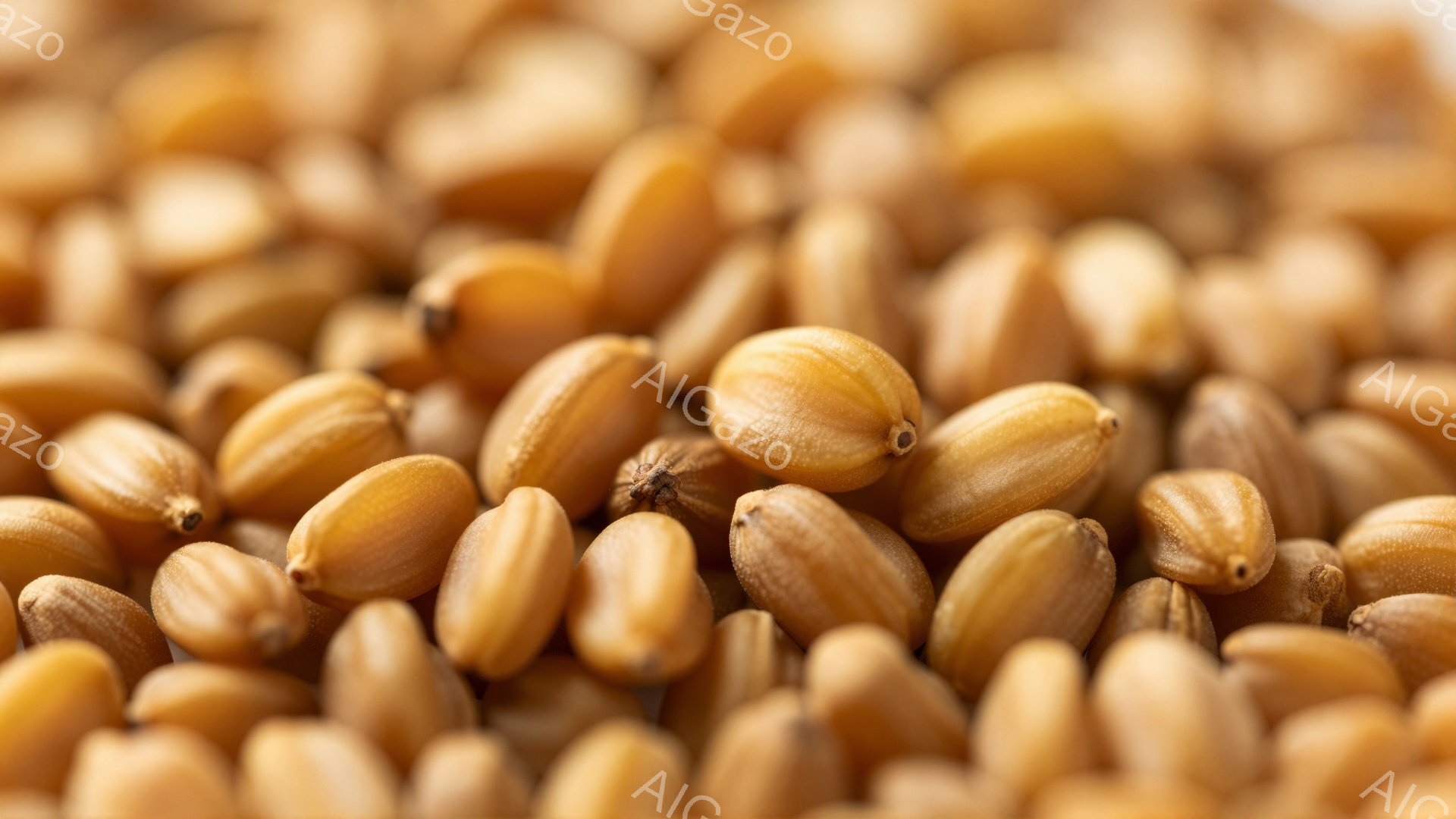 画像は小麦の粒が密集して写っており、全体的に温かみのあるベージュ色をしています。粒はわずかに細長い形状で、表面にわずかな陰影があり、質感を表しています。背景は均一な淡い色合いで、小麦の粒が際立っています。