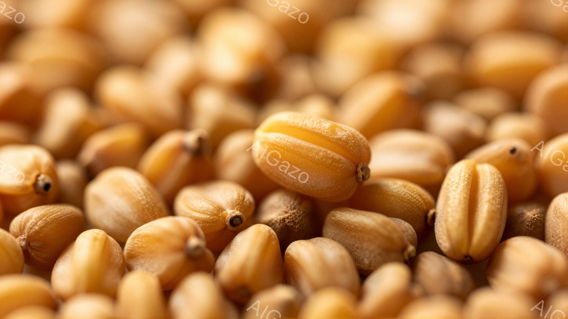 画像は、小麦の粒が密集して写っており、暖色系の茶色と金色が特徴的です。粒はそれぞれ少しずつ形が異なり、光沢があり、自然な質感が強調されています。背景はぼやけており、小麦の粒が主役となっており、全体的に豊穣と素朴さを感じさせる雰囲気です。