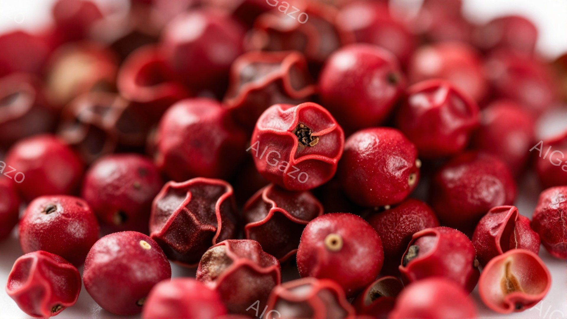 赤い実が密集して写っており、表面には細かいシワやテクスチャが見られます。光沢はなく、マットな質感で、いくつかの実には小さな黒い点が見えます。背景は白く、実が際立って見えます。