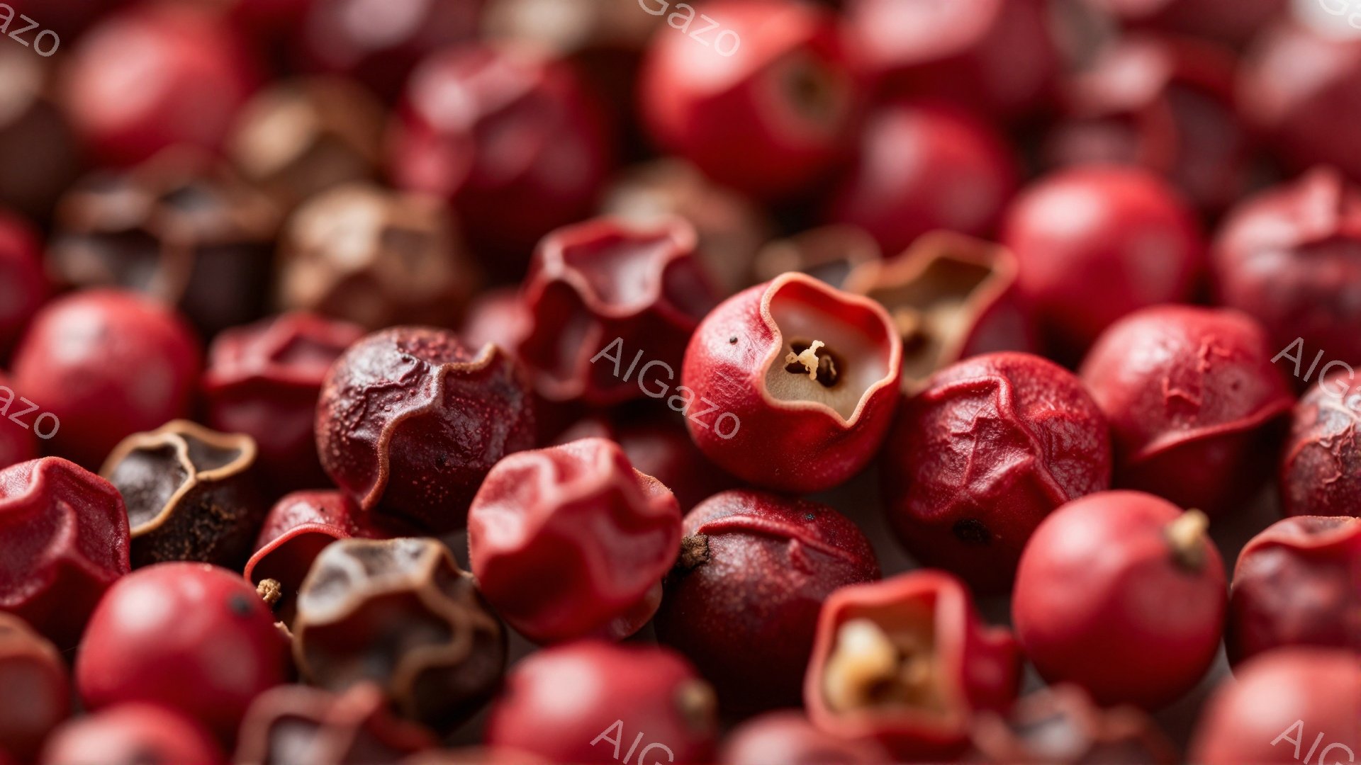 画像は、赤くてしわが寄った小さな実が密集して写っているクローズアップ写真です。実の一部は割れており、中から種が見えています。全体的に、暖かく、食欲をそそる雰囲気が漂っています。