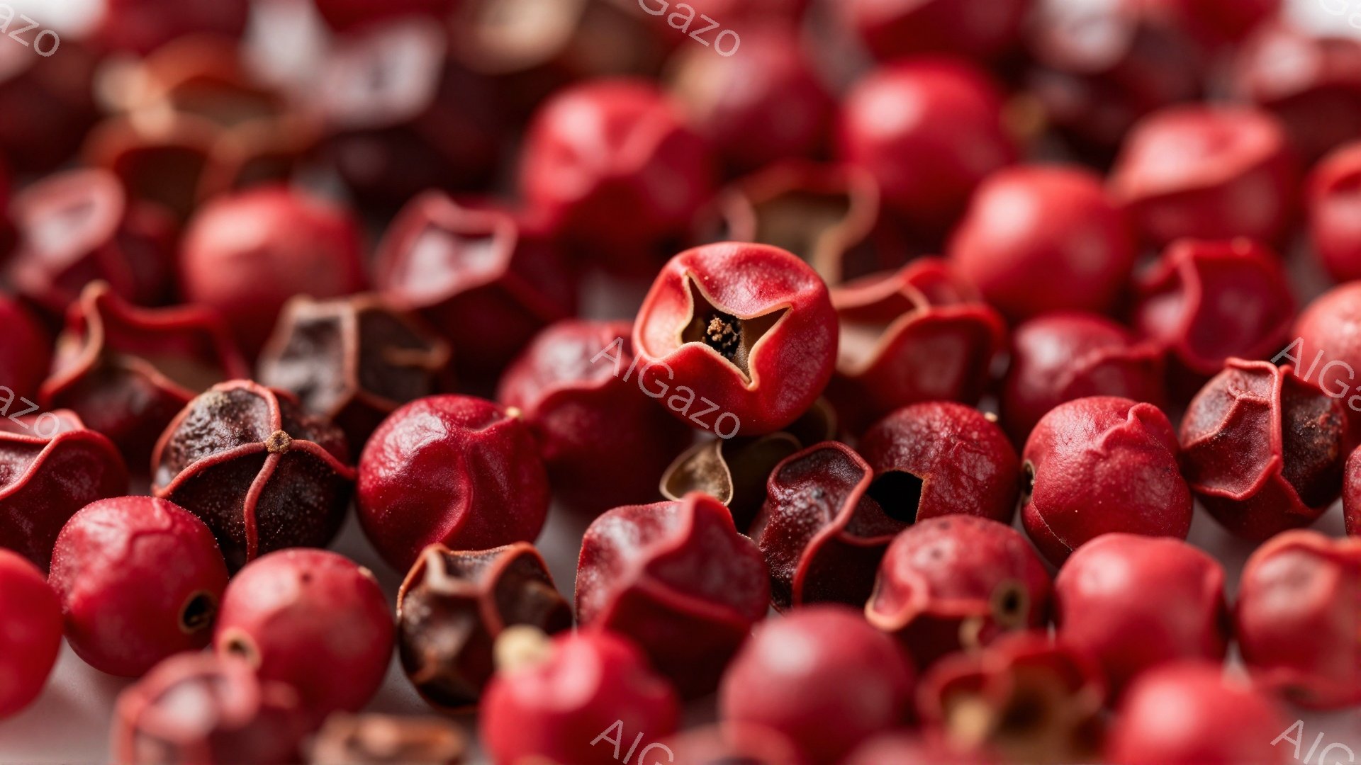 画像は、鮮やかな赤色の小粒のペッパーコーンが密集して写っています。それぞれが独特の皺や窪みを持っており、まるで小さな宝石のようです。全体的に暖色系のトーンで、スパイシーで食欲をそそる雰囲気が漂っています。