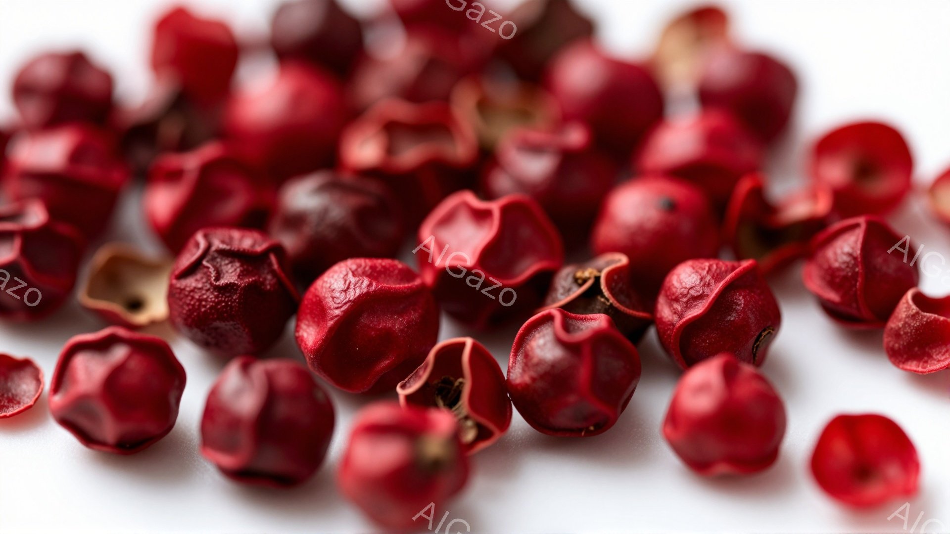 赤い実が白い背景に散らばっており、それぞれが独特の形状と質感をしています。光沢はなく、わずかにしわが寄った表面が特徴的で、自然な風合いが感じられます。全体的に暖色系の色調で、どこかスパイシーで食欲をそ - AI生成フリー素材