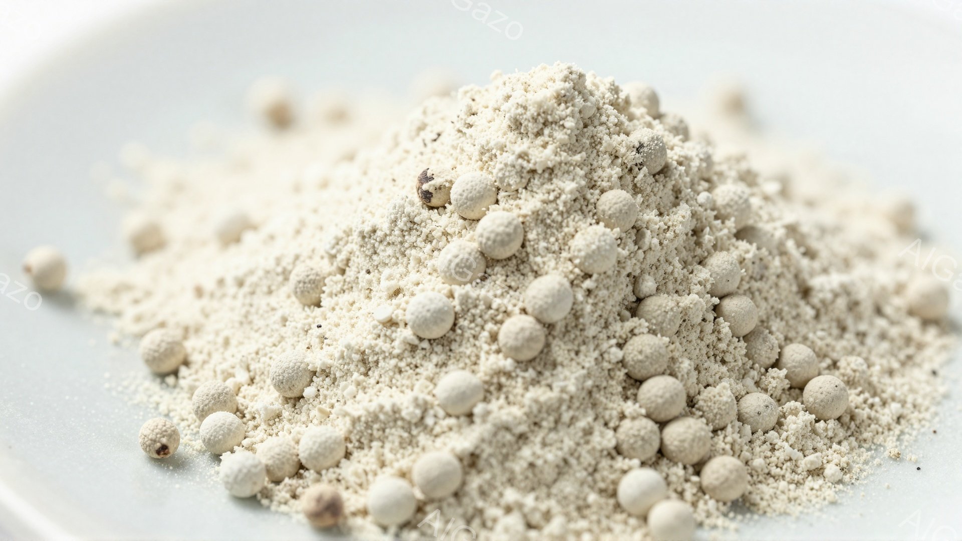 白い皿の上に、粗く挽かれた白い胡椒が山積みに写っている。胡椒は粒状のものと粉末状のものが混ざっており、全体的に淡いベージュ色をしている。背景は淡い青色で、胡椒の白さが際立っている。
