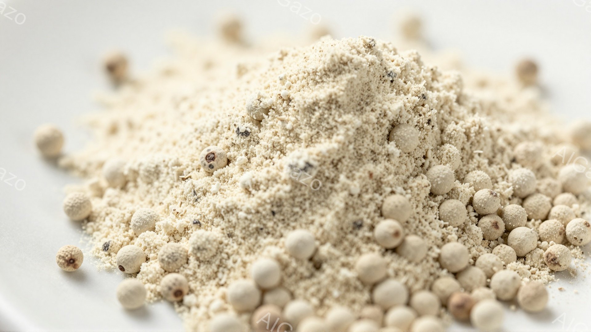 白い皿の上に、粉状のクリーム色の物質と小さな丸い粒が散らばっている。粒は白と灰色が混ざり、胡椒や香辛料のような印象を受ける。全体的に明るい色調で、食材や調味料のクローズアップ写真である。 - AI生成フリー素材