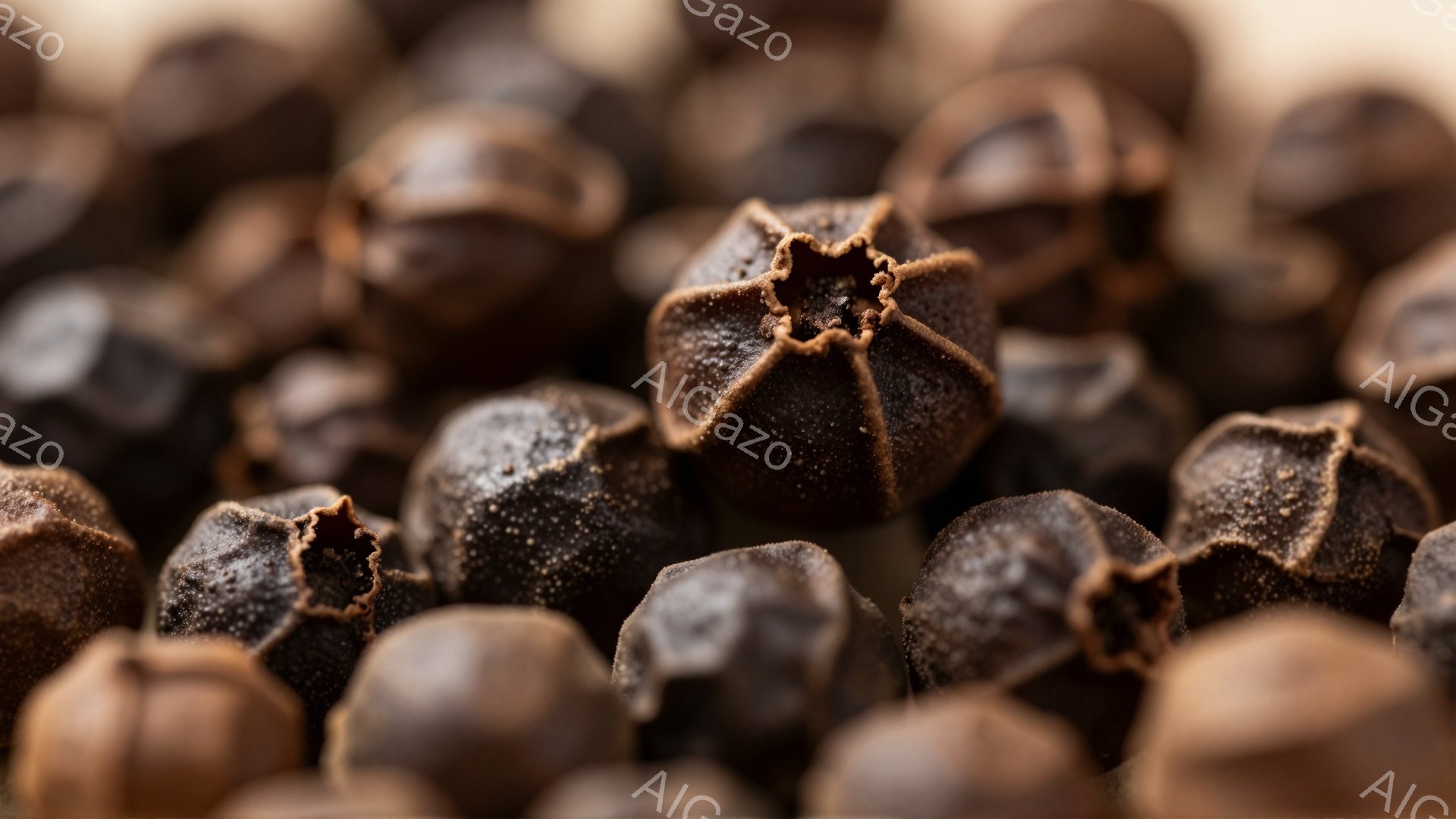 画像は、密に詰め込まれた黒胡椒の実のクローズアップです。各実は独特の深い溝と皺を持ち、わずかにテクスチャのある表面を見せています。全体的に、暖かく、スパイシーで、食欲をそそる雰囲気を醸し出しています。 - AI生成フリー素材