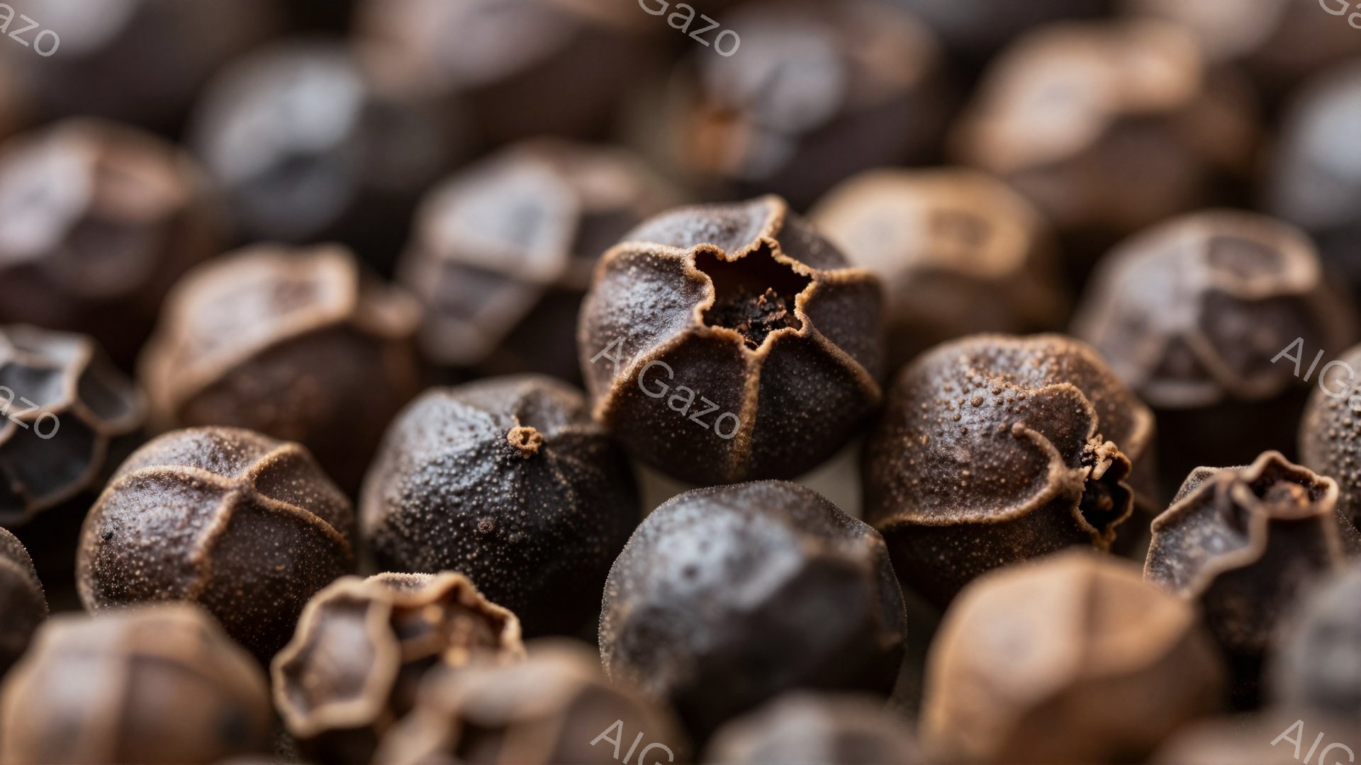 濃い茶色のコショウ粒が密集して写っているクローズアップ写真です。粒一つ一つには独特のシワや凹凸があり、自然な風合いが強調されています。全体的に暖色系の色調で、落ち着いた雰囲気を感じさせます。