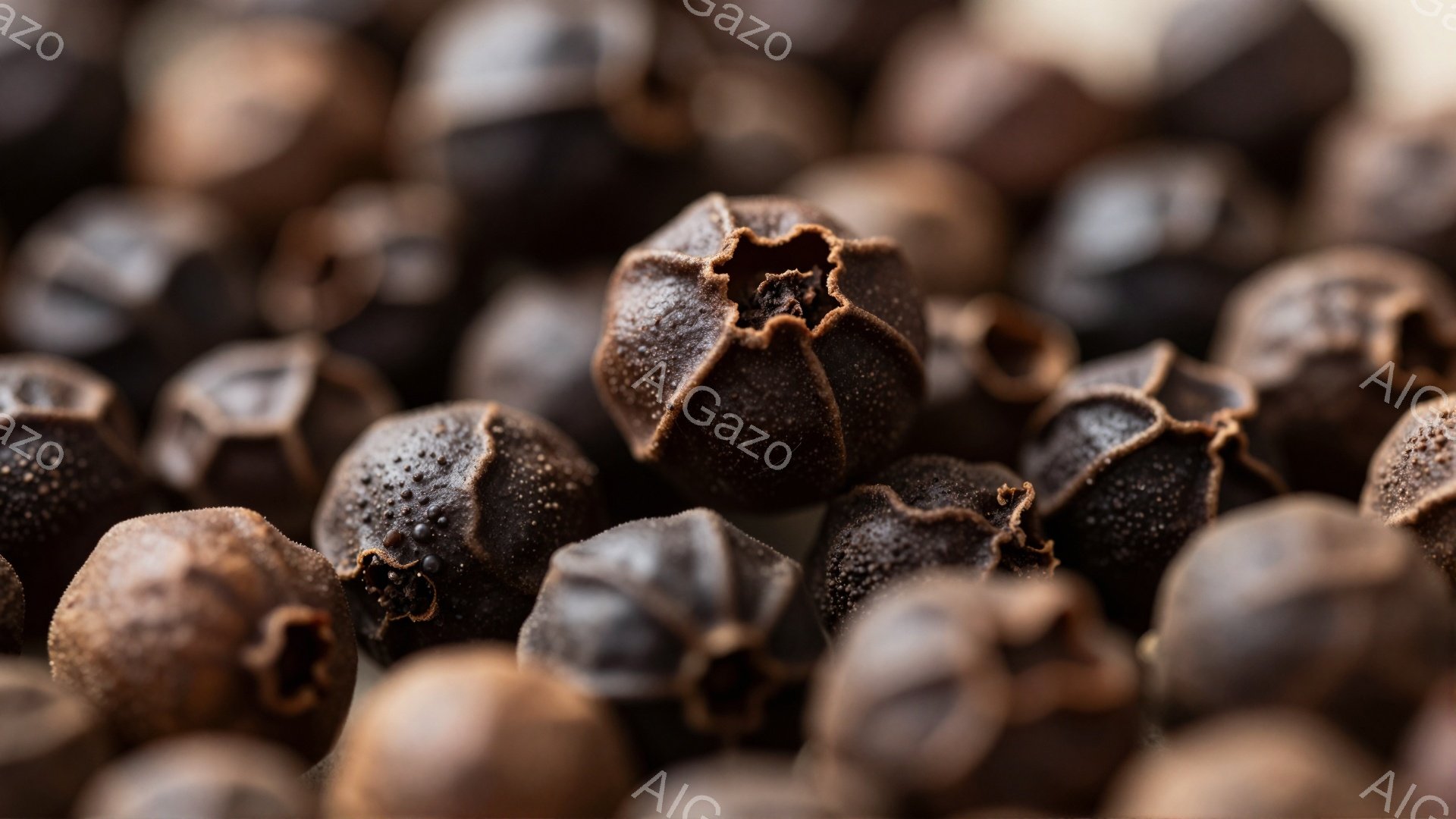 濃い茶色のコショウの実が密集して写っており、独特の形状と表面の質感が見て取れる。それぞれの実は小さく、しわが寄っていて、どこか有機的な温かさを感じさせる。背景はぼかされており、実が際立って見えるように工夫されている。