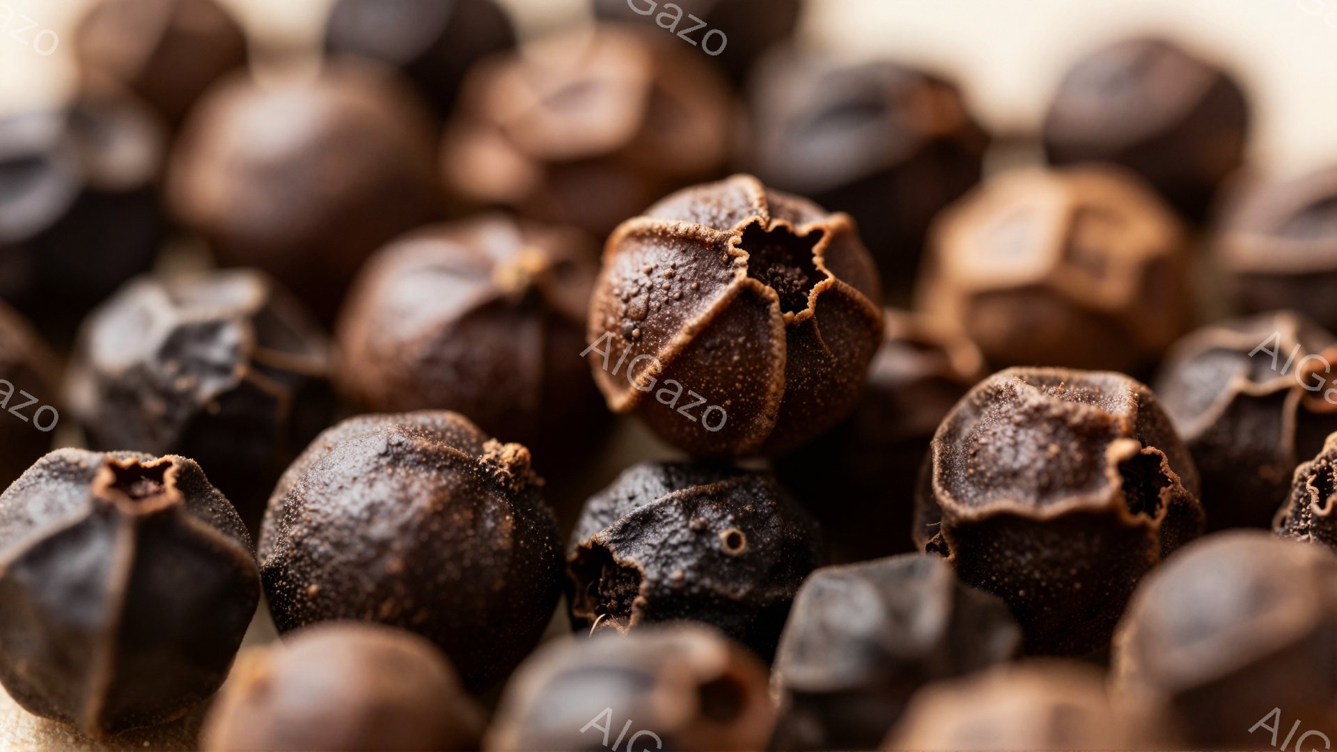 画像は、しわくちゃで茶色のコショウの実のクローズアップです。これらの実は、不規則な形をしており、表面に深い溝や凹みが見られます。背景は明るいベージュ色で、実のダークトーンとのコントラストが際立っています。