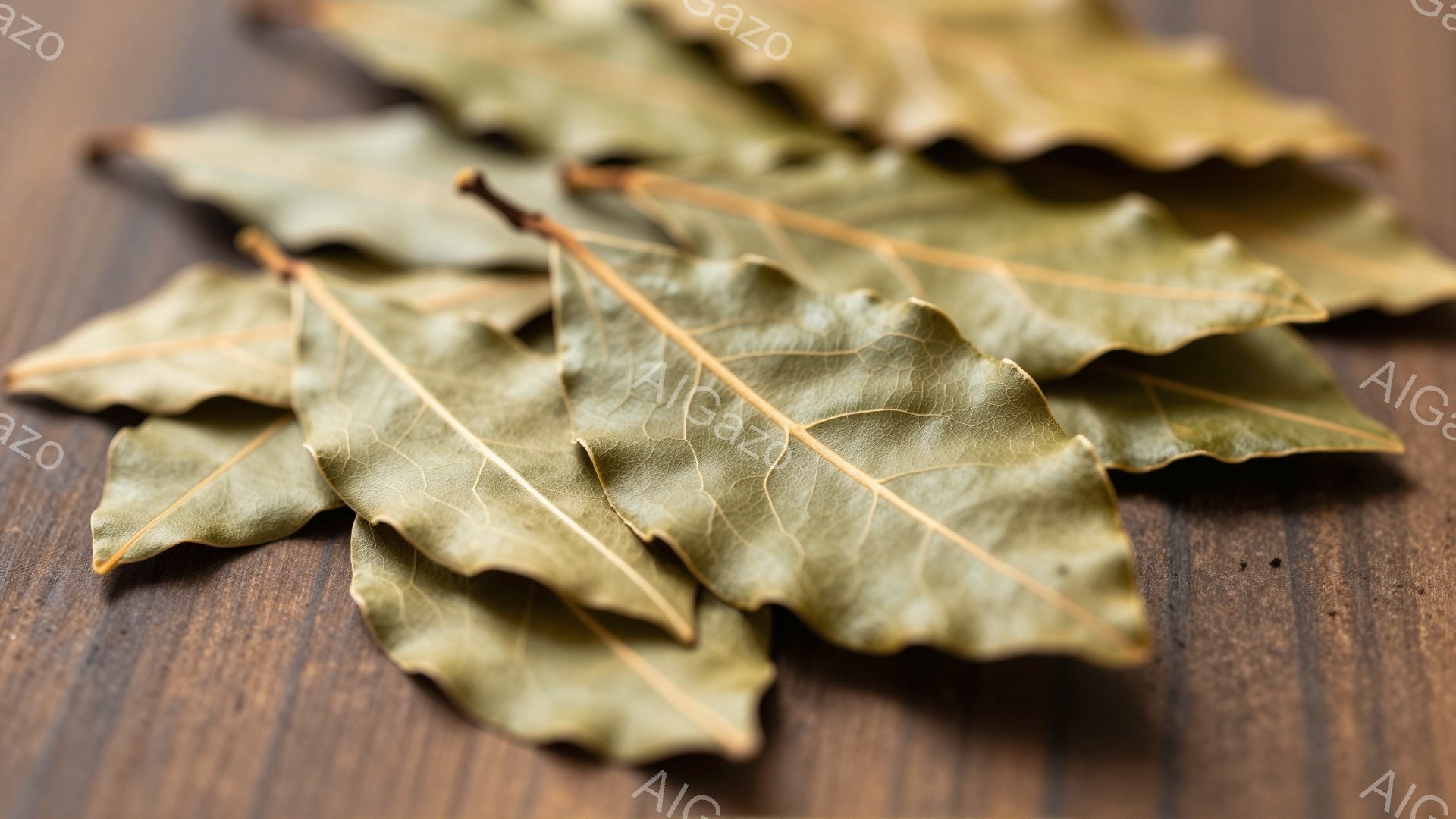 画像には、木製の表面に散らばった複数のローリエの葉が写っている。葉は乾燥しており、緑がかった茶色で、葉脈がはっきりと見える。背景の木製表面は、葉の自然な色合いとコントラストを作り出し、穏やかで素朴な雰 - AI生成フリー素材
