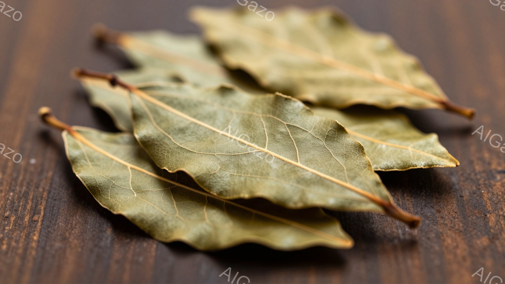 乾いたローリエの葉が、茶色の木製の表面に重なり合って配置されています。葉はわずかにカールし、乾燥して脆い質感で、詳細な葉脈がはっきりと見えます。全体的に暖かく落ち着いた雰囲気で、ハーブや料理の素材とし - AI生成フリー素材