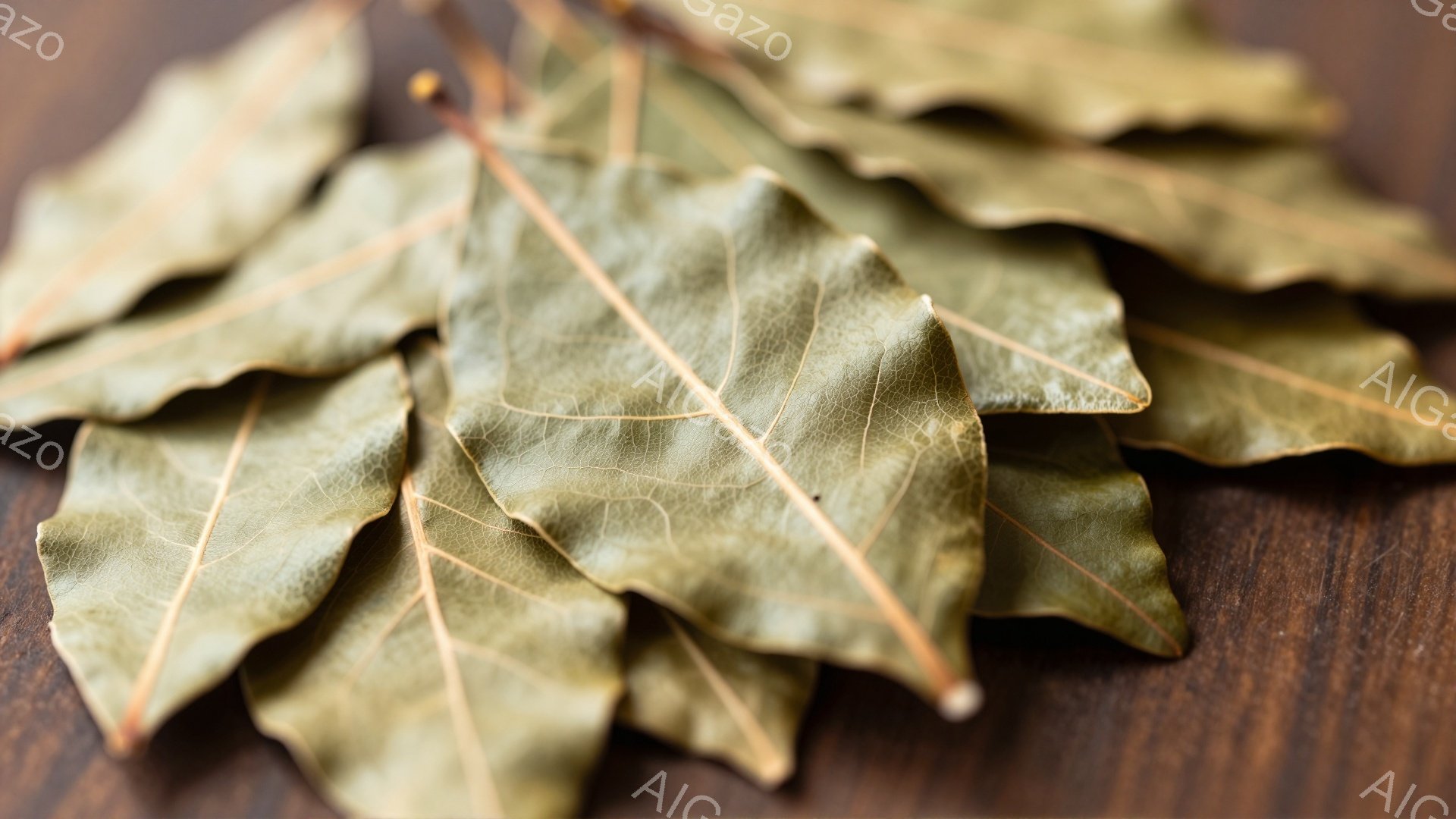 画像は、乾燥したローリエの葉が木の表面に積み重ねられているクローズアップ写真です。葉は黄褐色で、葉脈がはっきりと見え、少しカールしています。背景は暖色系の木目で、葉の自然な色合いと質感を引き立てています。