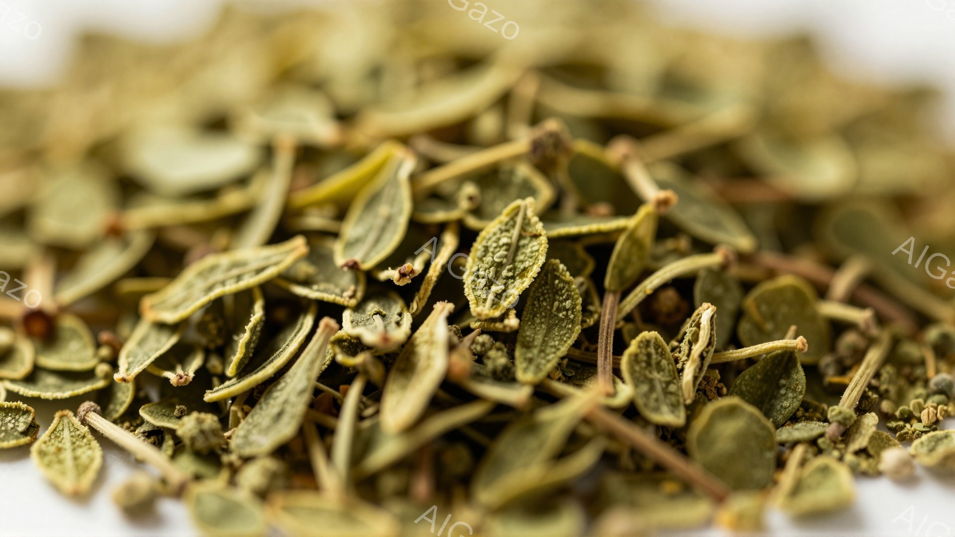 鮮やかな緑色の乾燥した茶葉が、白地に密集して写っている。葉は小さく、細長い形状をしており、表面にはわずかな皺が見られる。全体的に明るく、自然な雰囲気を醸し出している。 - AI生成フリー素材