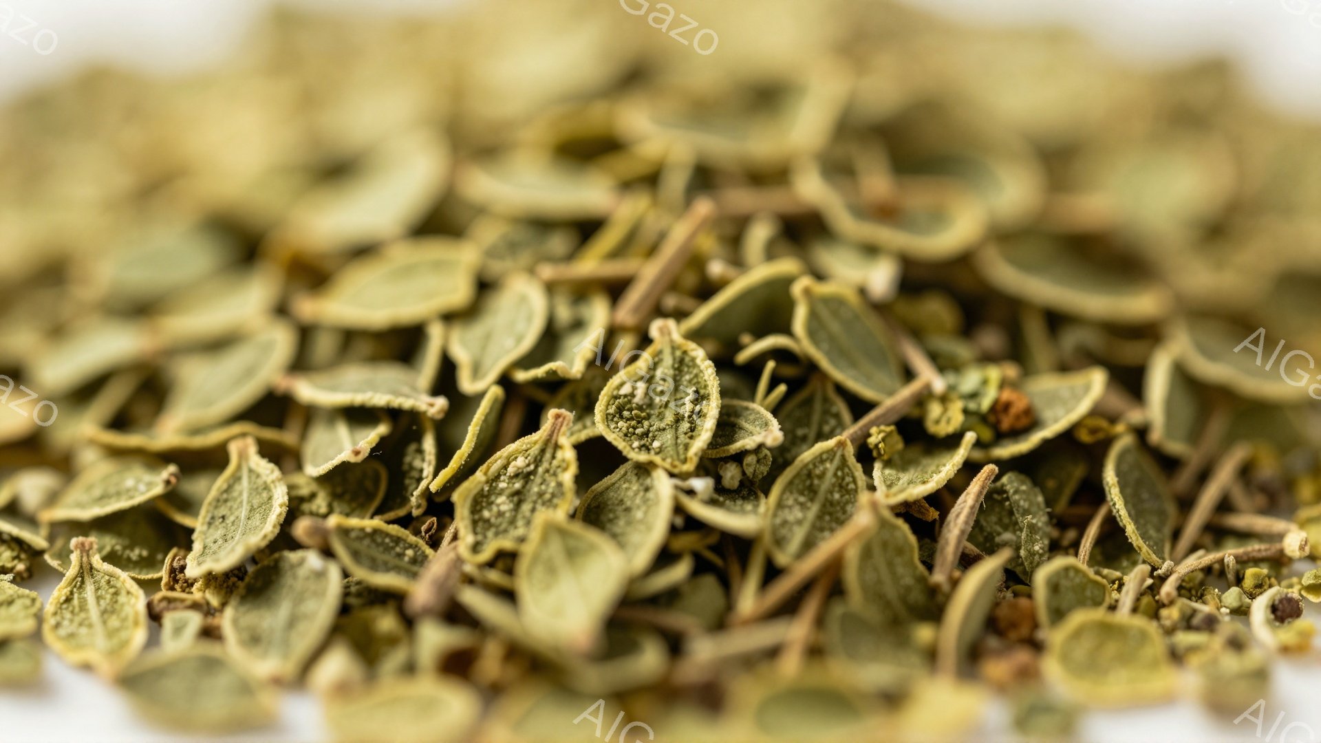 乾いたハーブの葉が、白地に密集して写っている。葉は小さく、緑がかった茶色をしており、表面に細かい皺が見られる。全体的に乾燥した、自然な雰囲気で、料理のスパイスやハーブティーの材料として使われるものが連 - AI生成フリー素材