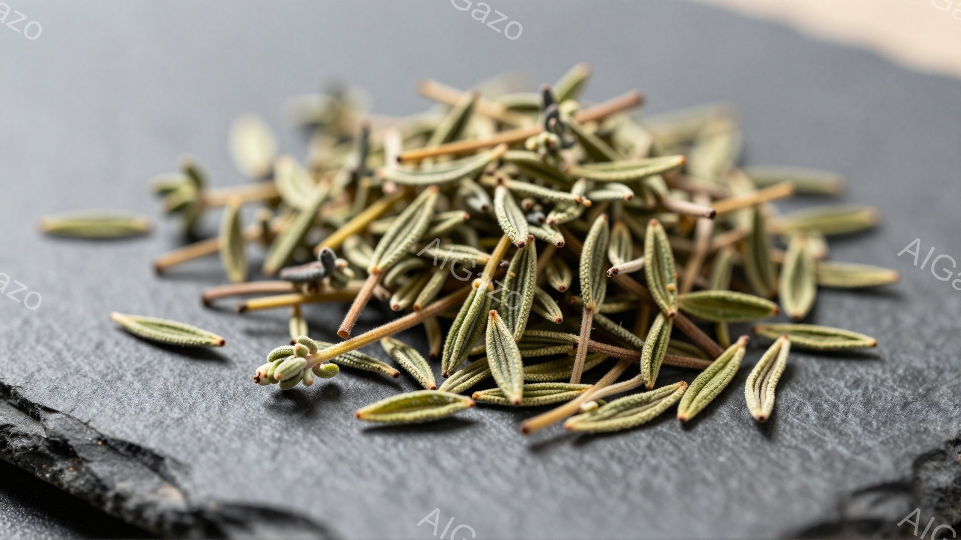 灰色の石板の上に乾燥ローズマリーの葉と茎が散らばっている。葉は緑色から茶色がかった色合いで、乾燥して繊細な質感が際立っている。背景は石板の色が続き、ローズマリーの自然な色とテクスチャを強調している。