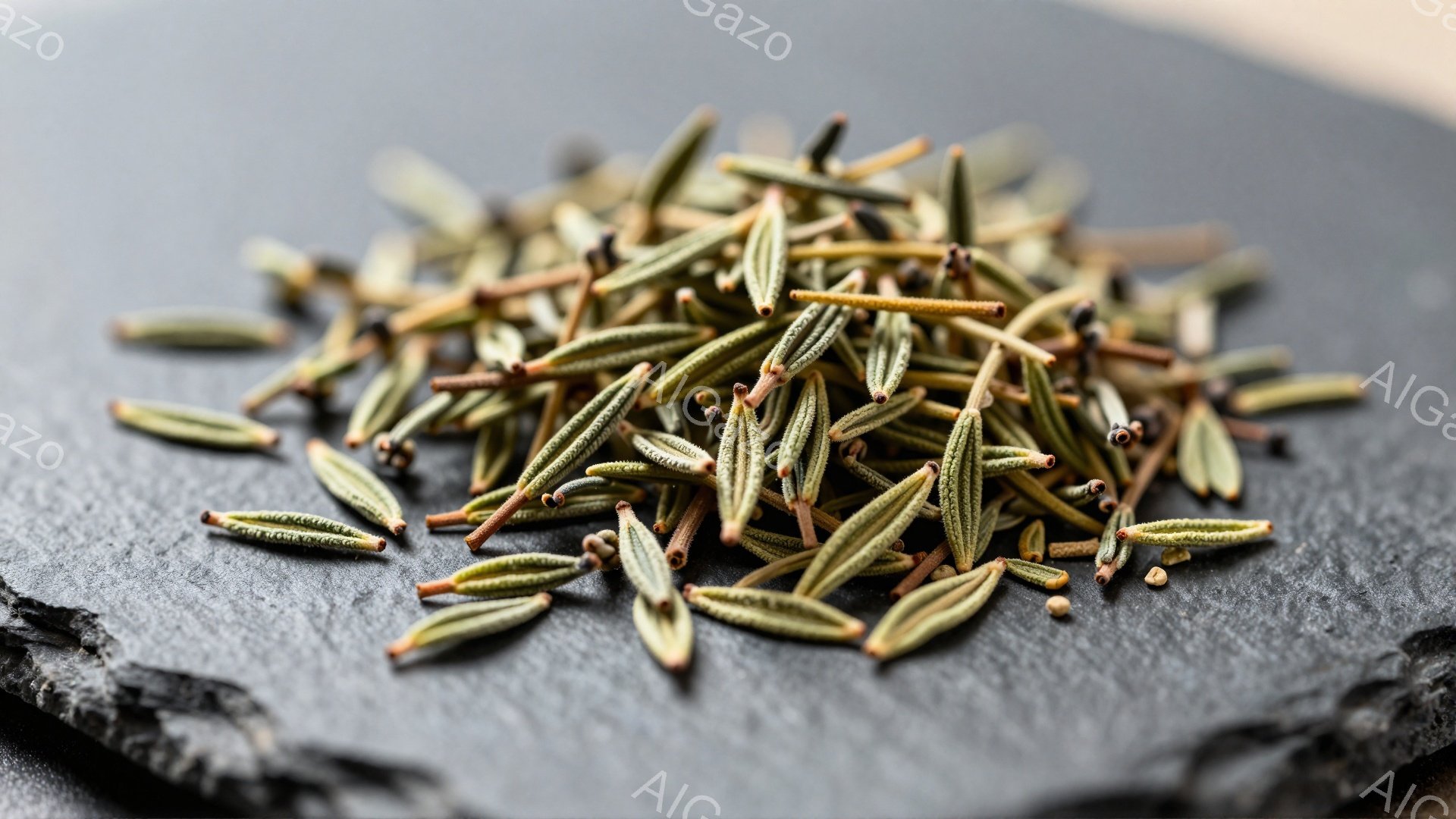 画像は、黒色の石板の上に散らばったローズマリーの種子のクローズアップです。種子は細長く、緑色と茶色の色合いで、全体的に自然で素朴な印象を与えます。背景の石板は質感があり、種子を引き立てています。