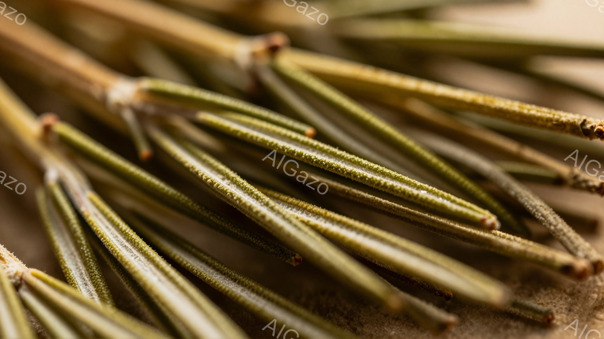 画像は、ローズマリーの枝が密集して写っています。細長い葉は緑色と茶色のグラデーションで、表面には細かい毛のようなものが確認できます。背景はぼやけた茶色で、ローズマリーのテクスチャと色が際立っています。