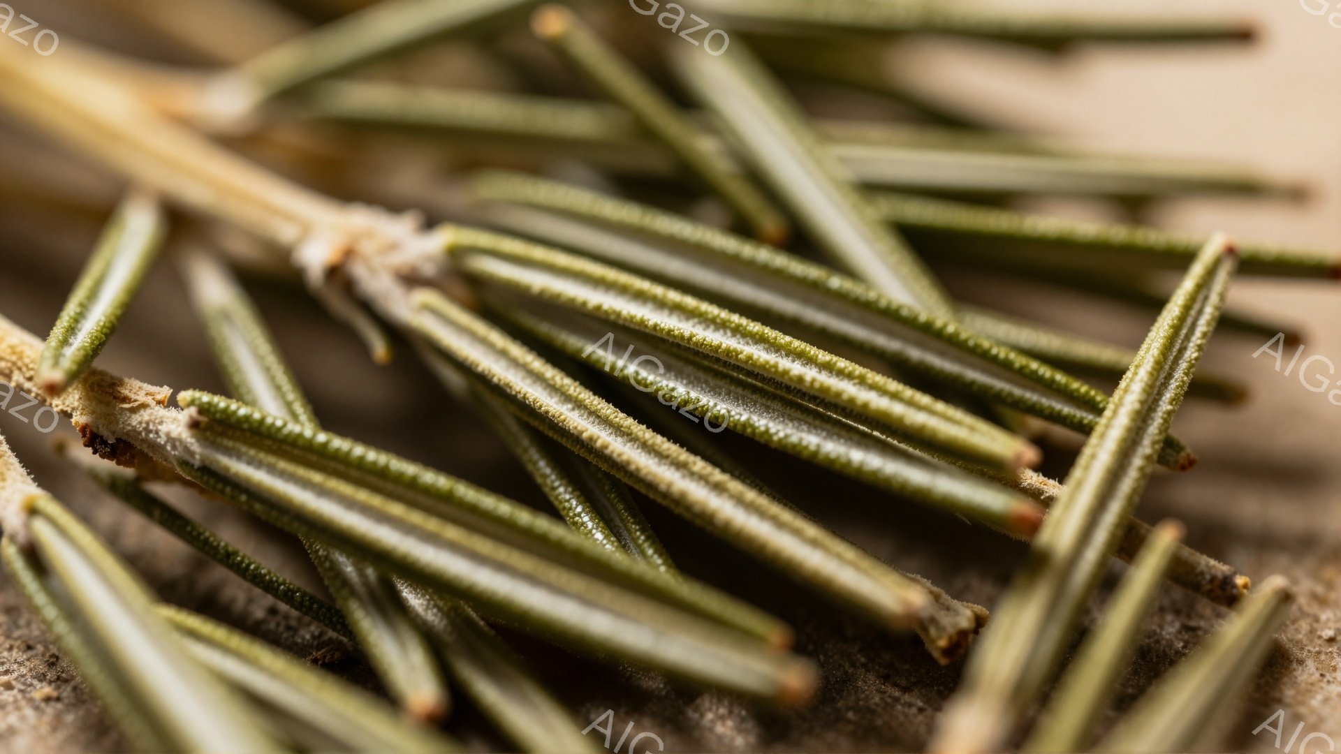 画像はローズマリーの枝のクローズアップで、細長い葉が密集して写っている。葉は緑色で、表面に細かい毛が生えているのが見える。背景はぼかされており、土のような茶色の質感が見える。