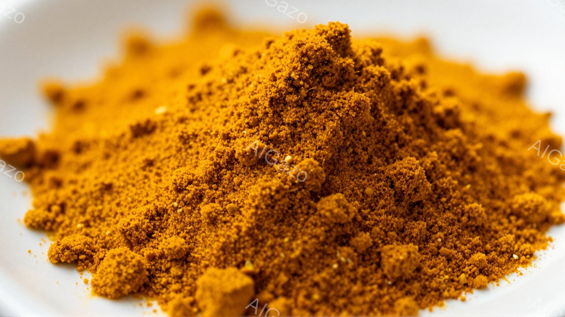 明るい黄色とオレンジ色のスパイスの山が白い背景に写っている。微細な粒子が混ざり合い、わずかに光沢があるように見える。全体的に、鮮やかで食欲をそそる印象を与える、テクスチャ豊かな画像である。