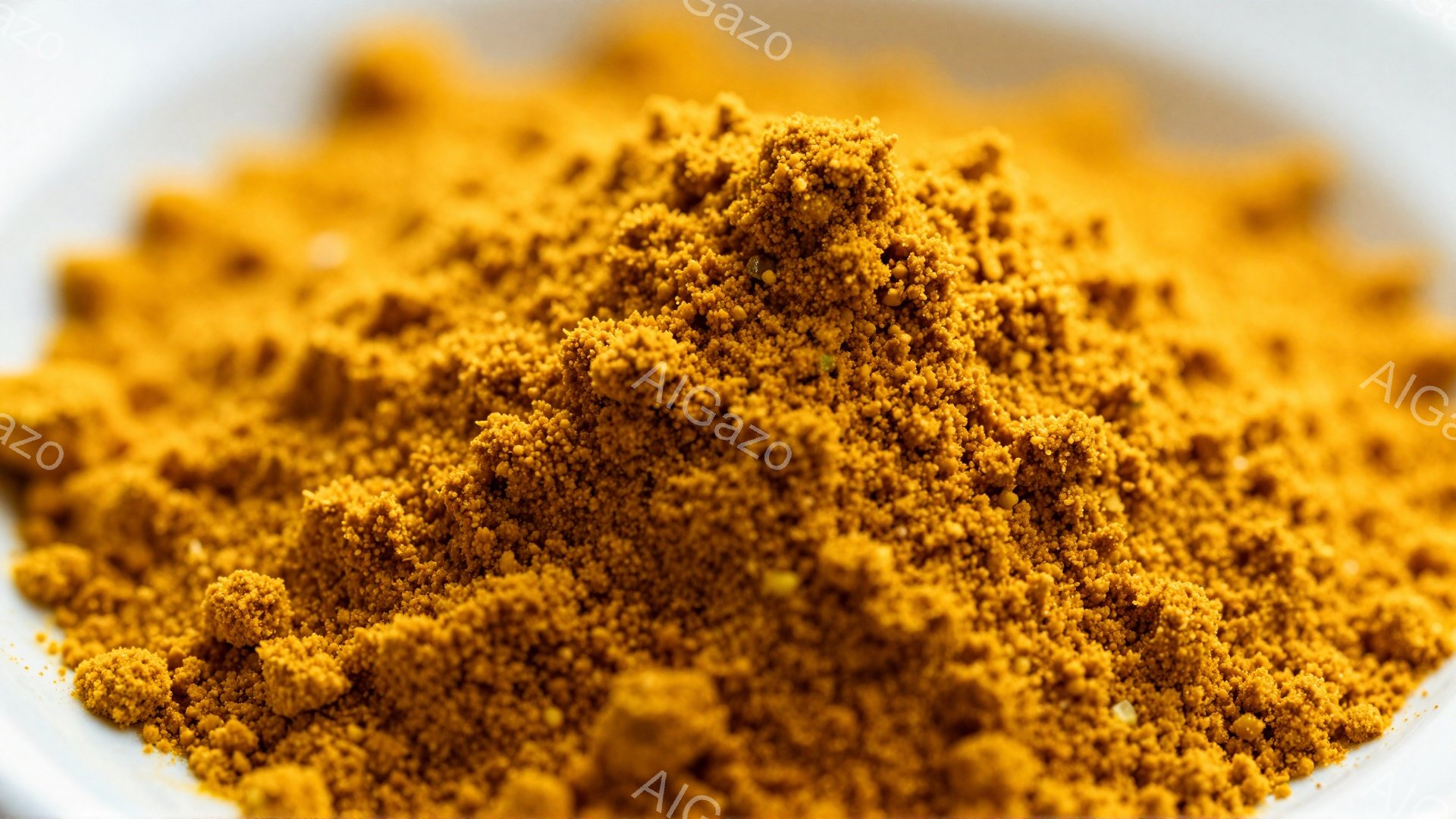 画像は鮮やかな黄色の粉末が白い容器に山積になっているクローズアップです。粉末は非常に細かい粒子で構成されており、光沢がなく、マットな質感です。背景は白く、粉末の色を際立たせており、全体的に暖かく、スパ - AI生成フリー素材