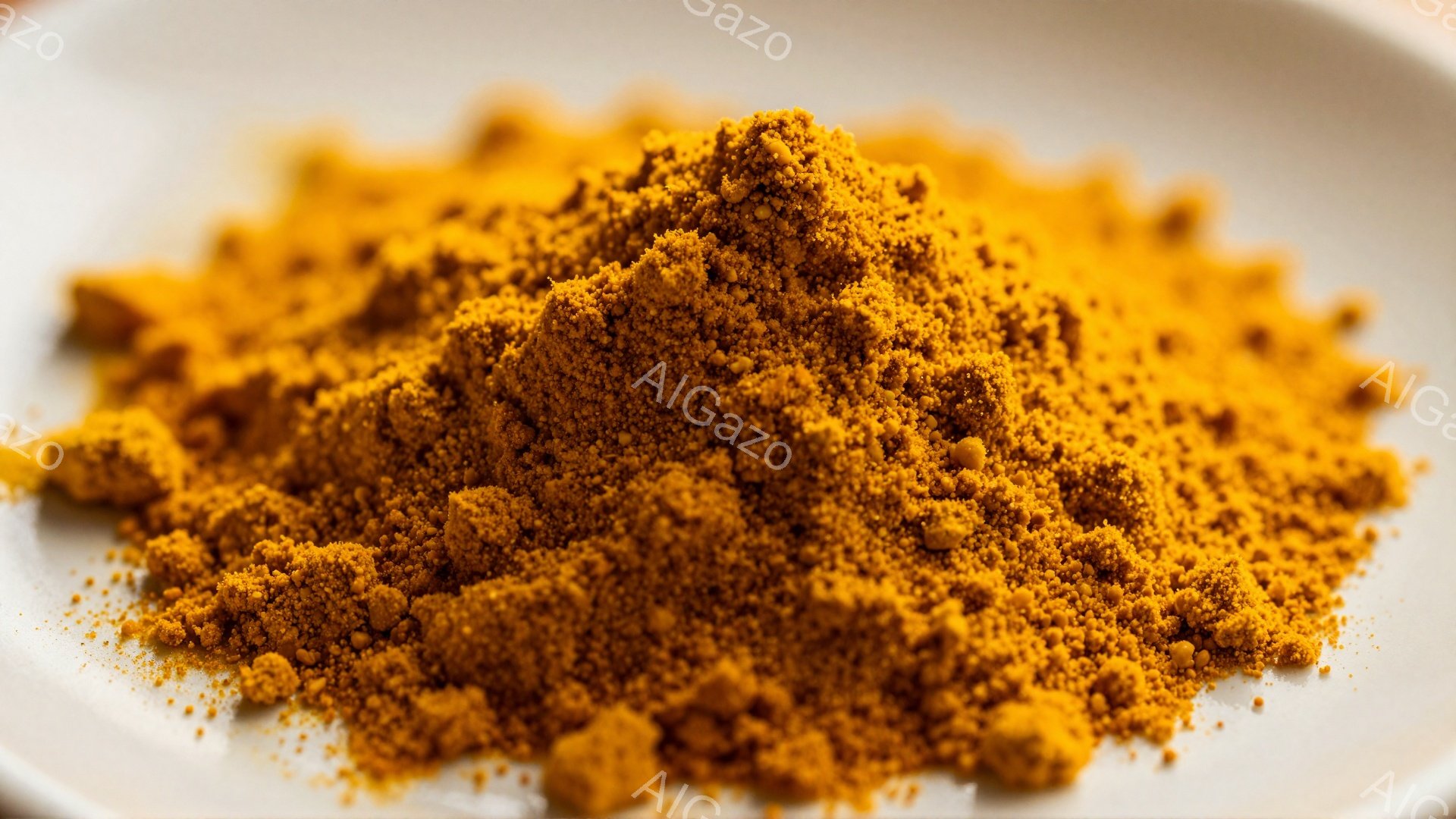 鮮やかなオレンジ色の粉末が白い皿に山積みに盛られています。粒子は細かく、テクスチャは滑らかで、まるでスパイスや顔料のようです。背景はぼやけており、粉末の色が際立って見えます。
